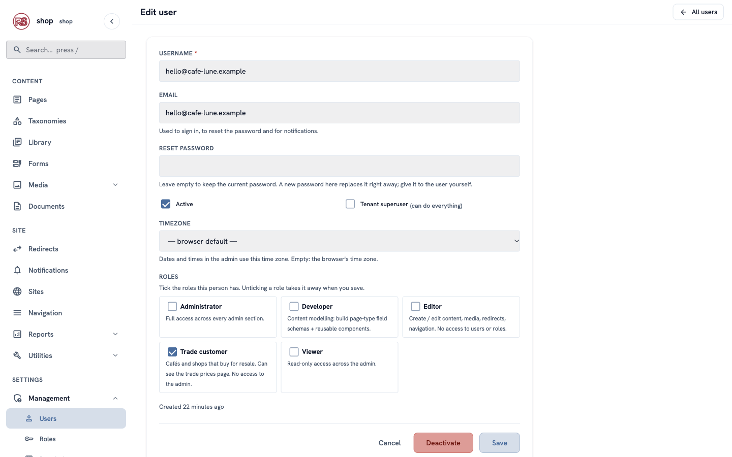 The Edit user form: email hello@cafe-lune.example and the Trade customer role ticked