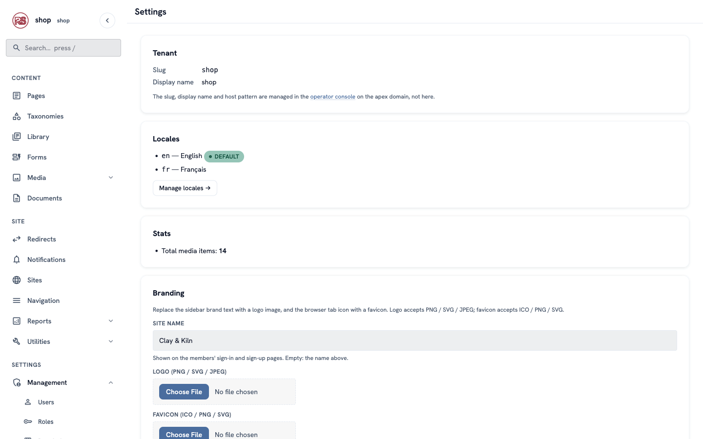 Settings → Branding with the Site name Clay & Kiln