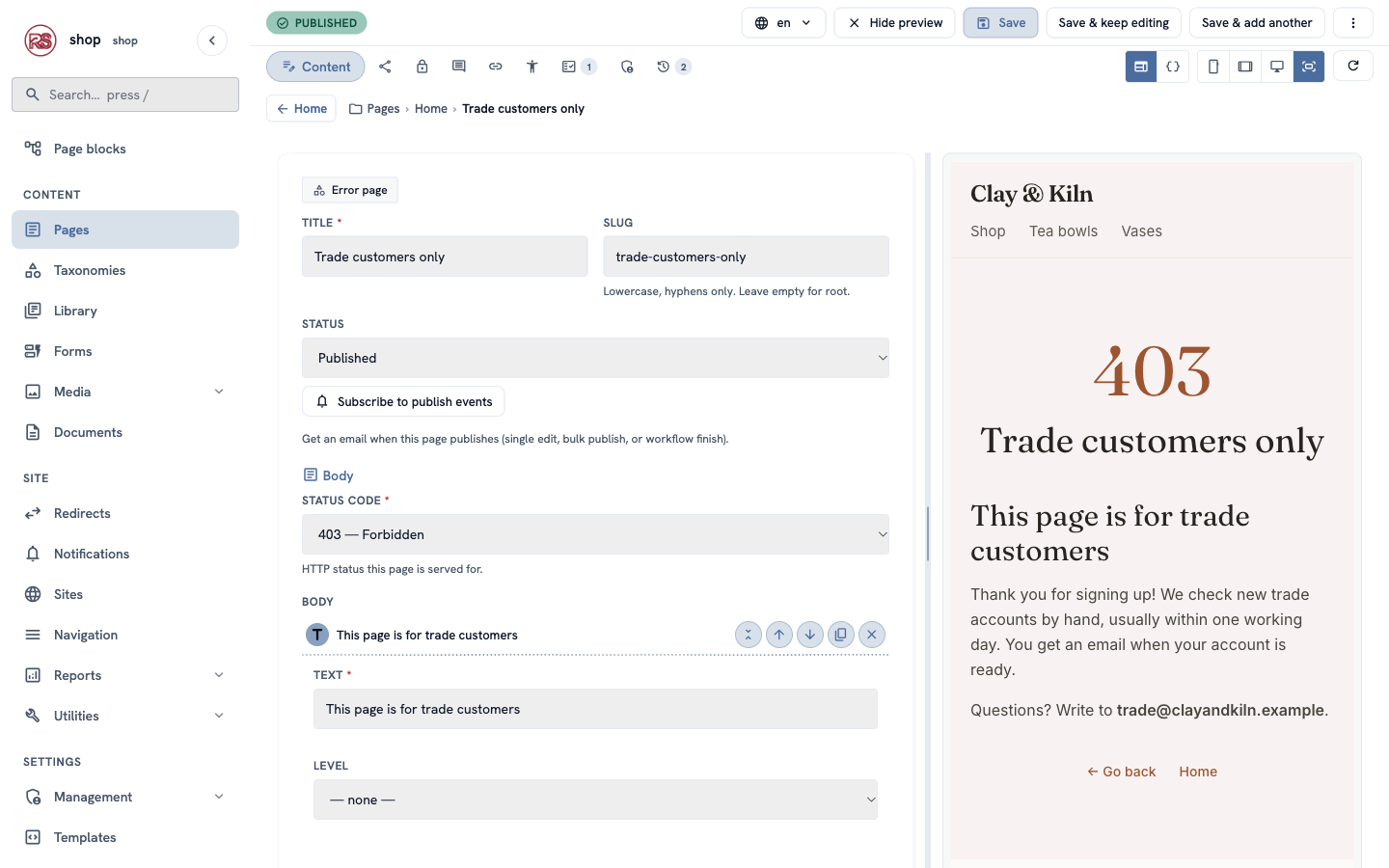 The error page editor: status code 403 — Forbidden, the body blocks, and the preview
