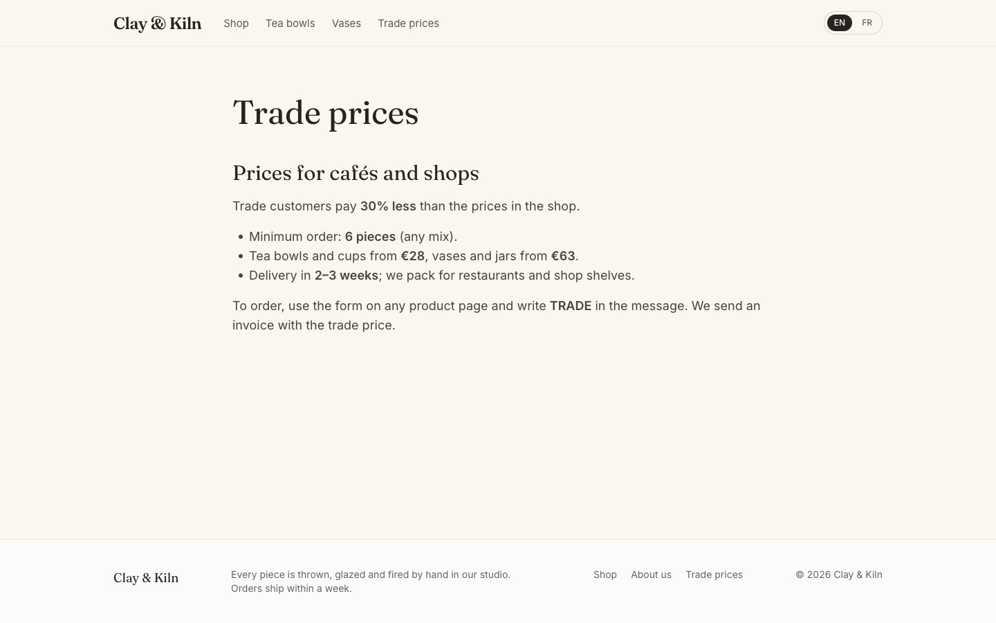 The Trade prices page as the café sees it, with Trade prices in the menu