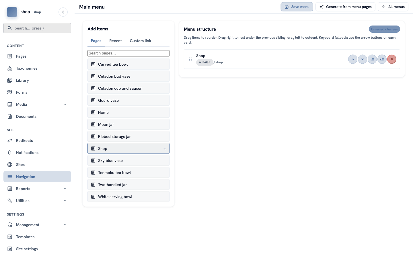 The menu builder. On the left, the list of pages with a + button on "Shop". On the right, the menu structure with "Shop — PAGE /shop"