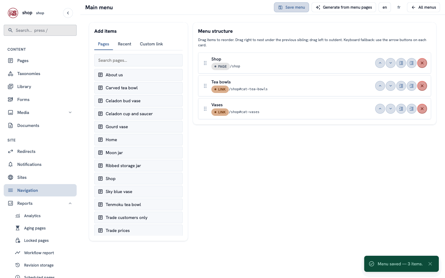 The menu structure with Shop (PAGE), Tea bowls and Vases (LINK), and the green message "Menu saved — 3 items."