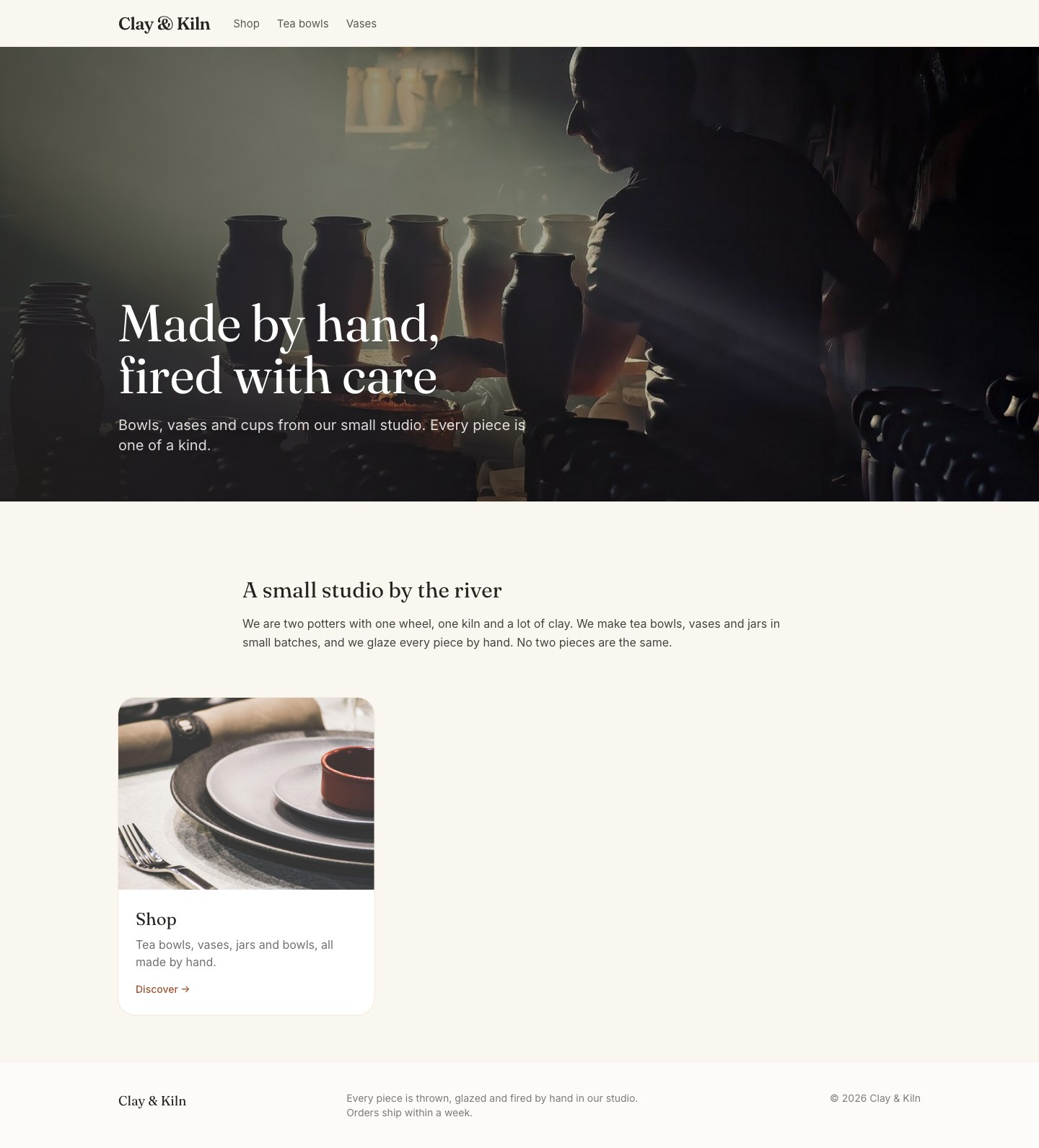 The home page with a card "Shop": a photo of plates, the text "Tea bowls, vases, jars and bowls, all made by hand." and "Discover →"