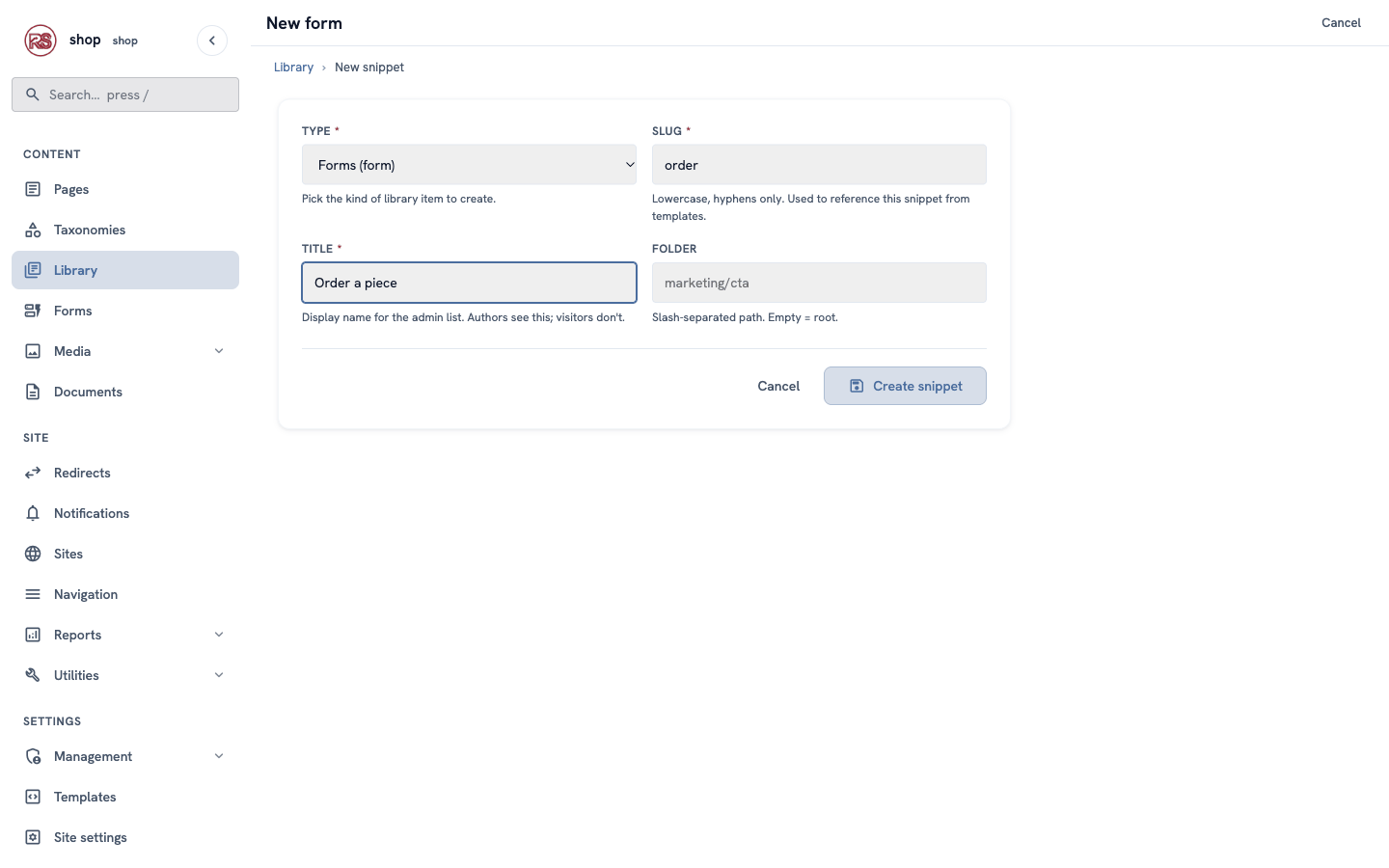 The New form screen with the type "Forms", the slug "order" and the title "Order a piece"