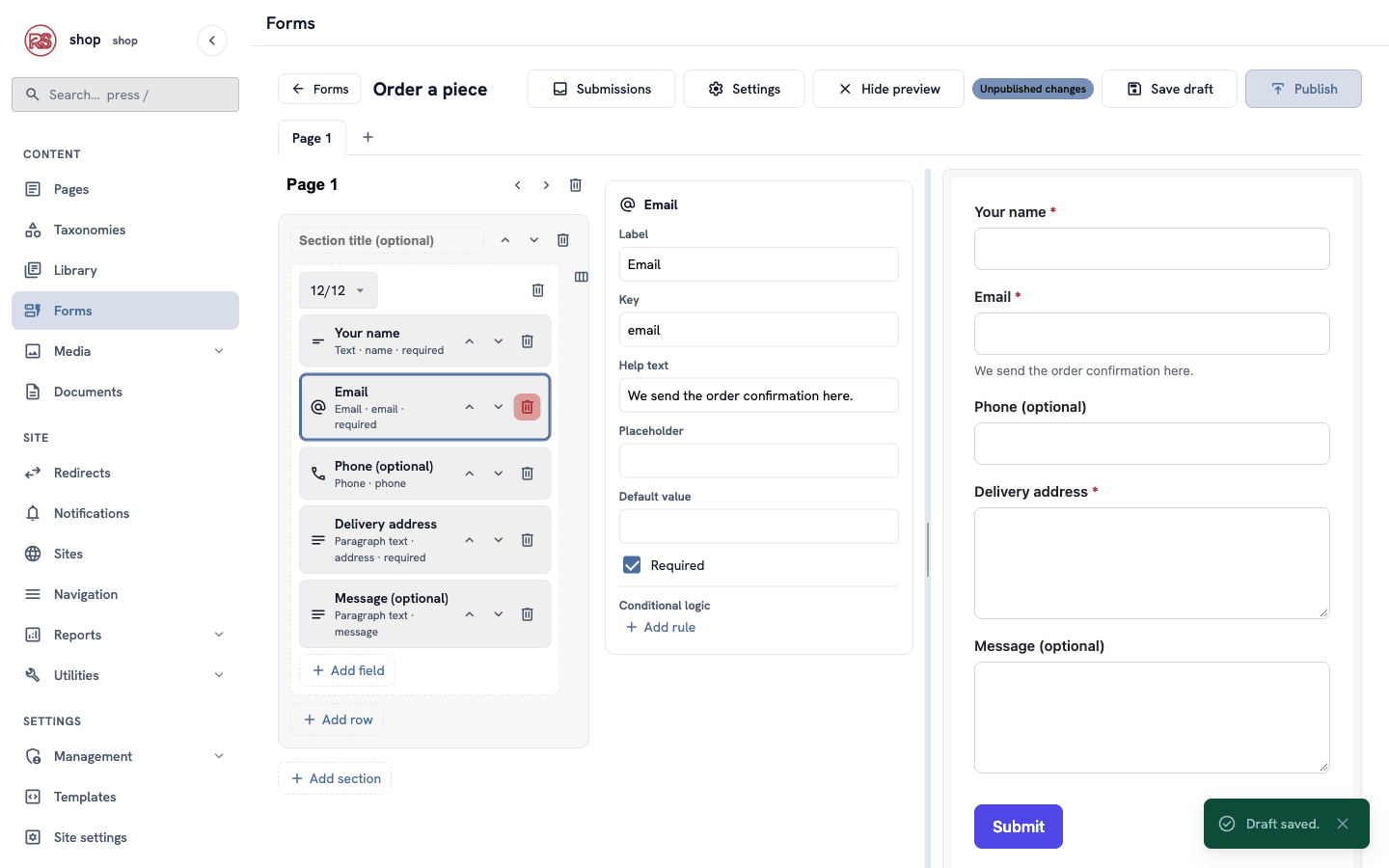 The Form Builder with the five fields on the left, the Email field's settings in the middle, and the form preview on the right