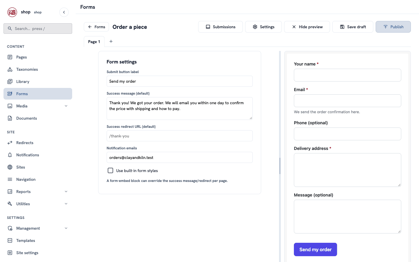 The Form settings: the button label "Send my order", the success message, the notification email and "Use built-in form styles" unticked