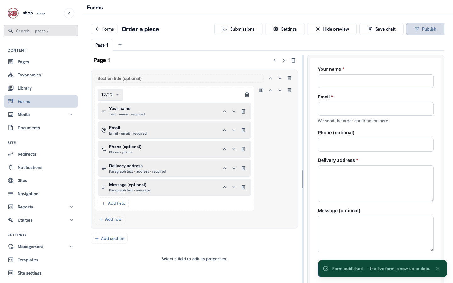 The Form Builder with the green message "Form published — the live form is now up to date."