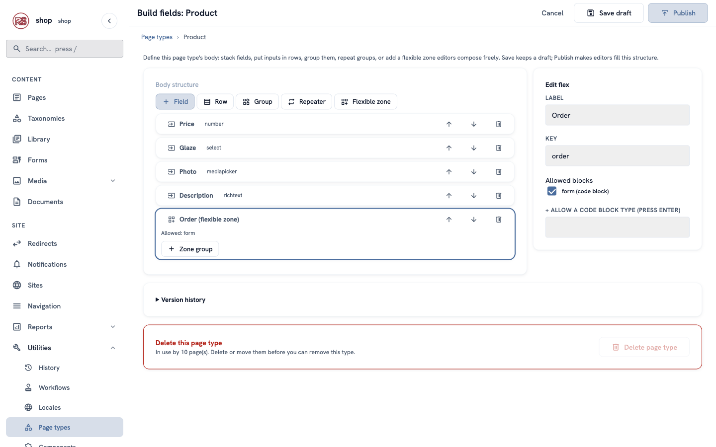 The Product type builder with a new "Order (flexible zone)" allowing "form"