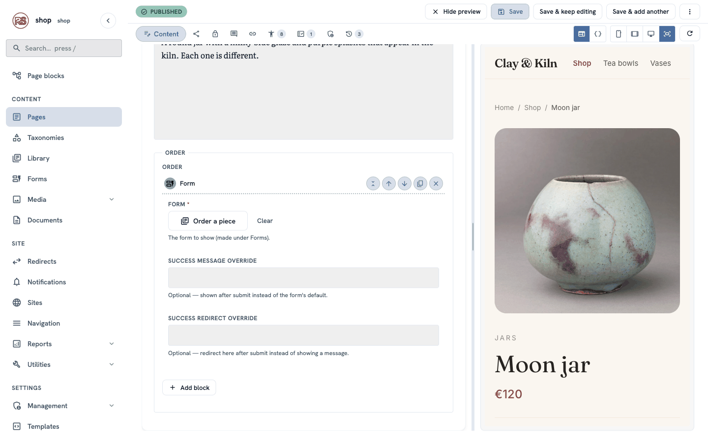 The Order zone of the Moon jar editor with a Form block. The chosen form is "Order a piece"