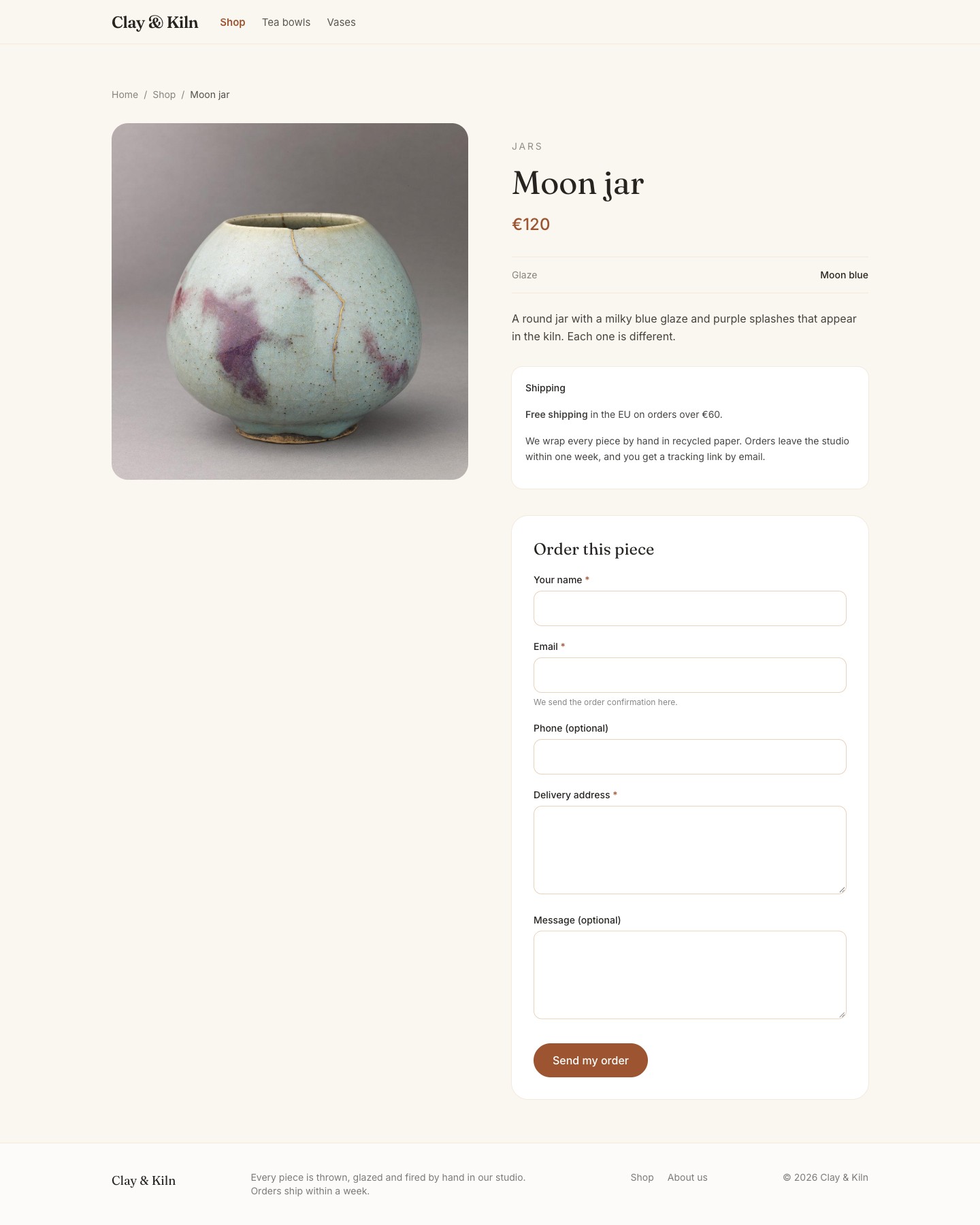 The Moon jar product page with the order form: name, email, phone, delivery address, message and a "Send my order" button