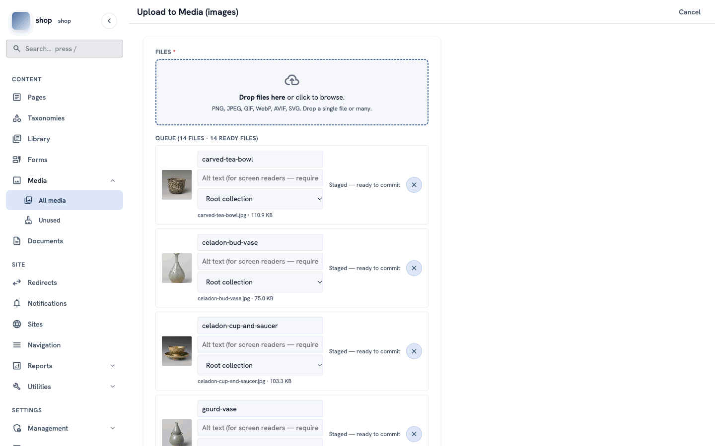 The upload screen with 14 photos in the queue. Each row has a small picture, the title, an Alt text box and "Staged — ready to commit"