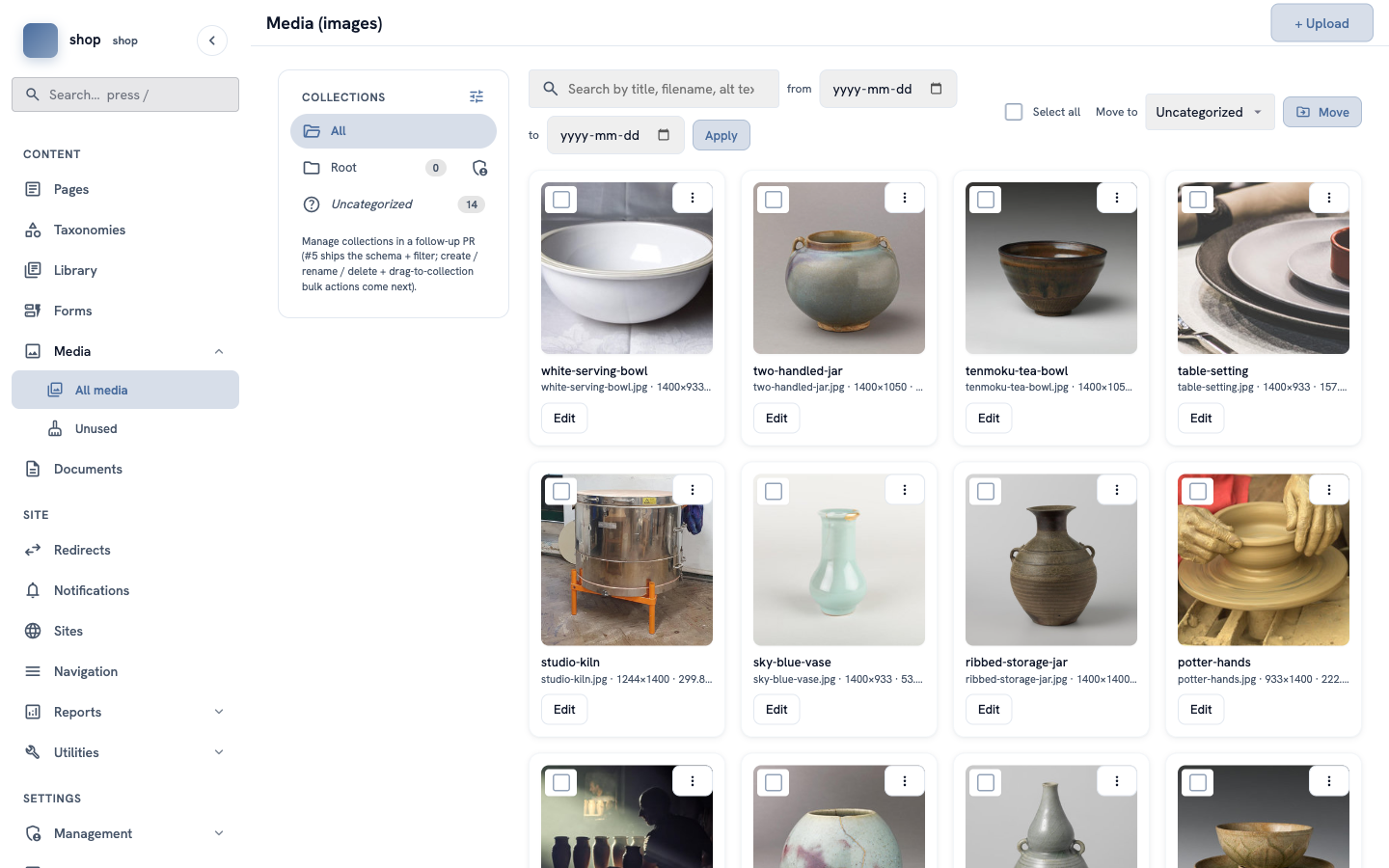 The media library with photo cards: a white bowl, a jar, a tea bowl, a table setting, a kiln, a vase, a storage jar, and hands on a potter's wheel