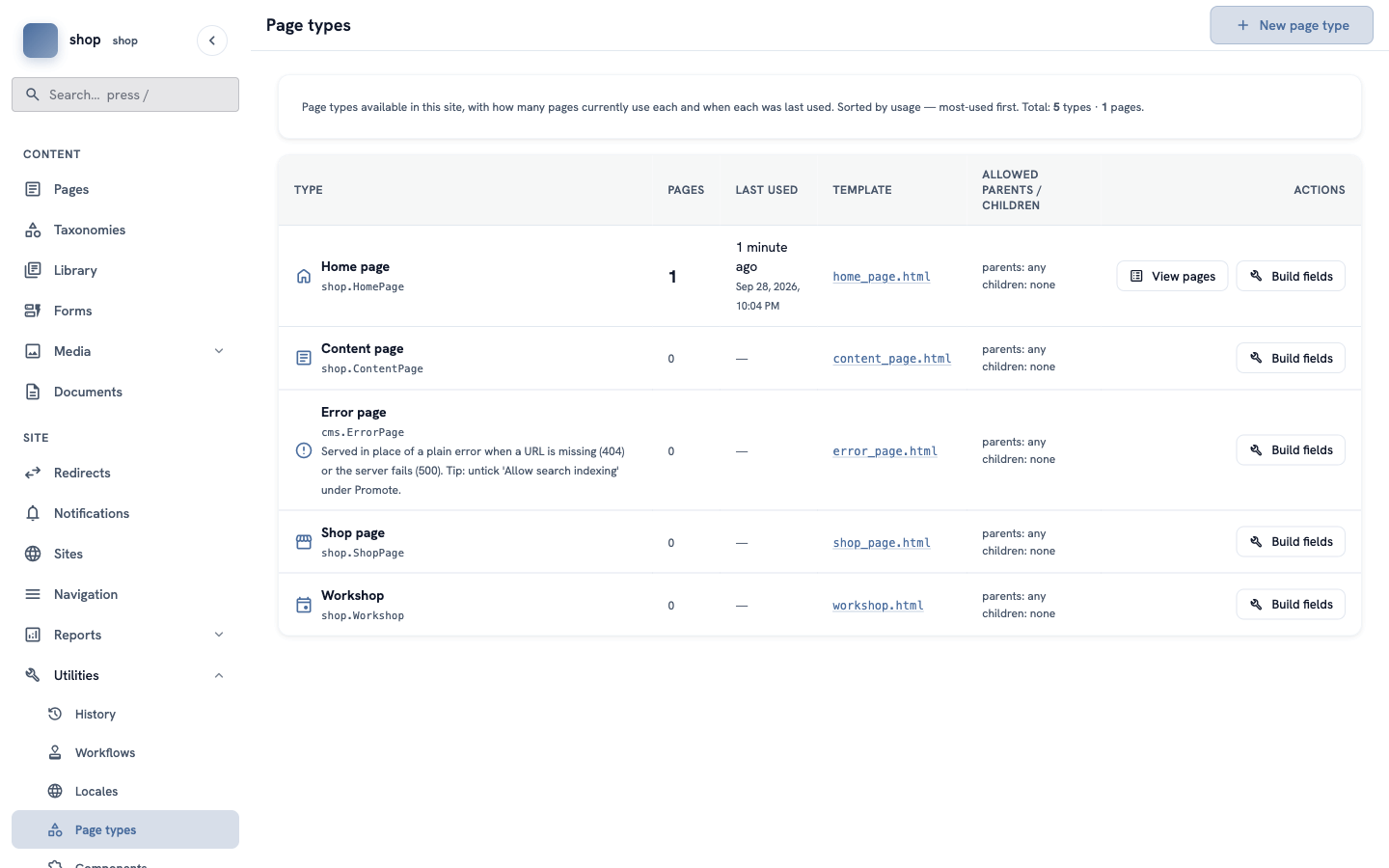 The Page types list: Home page, Content page, Error page, Shop page and Workshop, with a "Build fields" button in each row