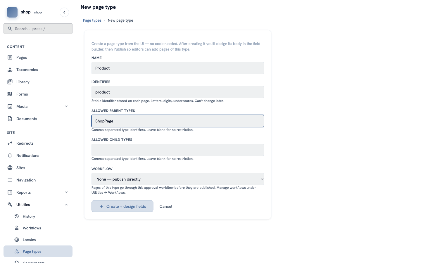The New page type form: name "Product", identifier "product", allowed parent types "ShopPage" and workflow "None — publish directly"