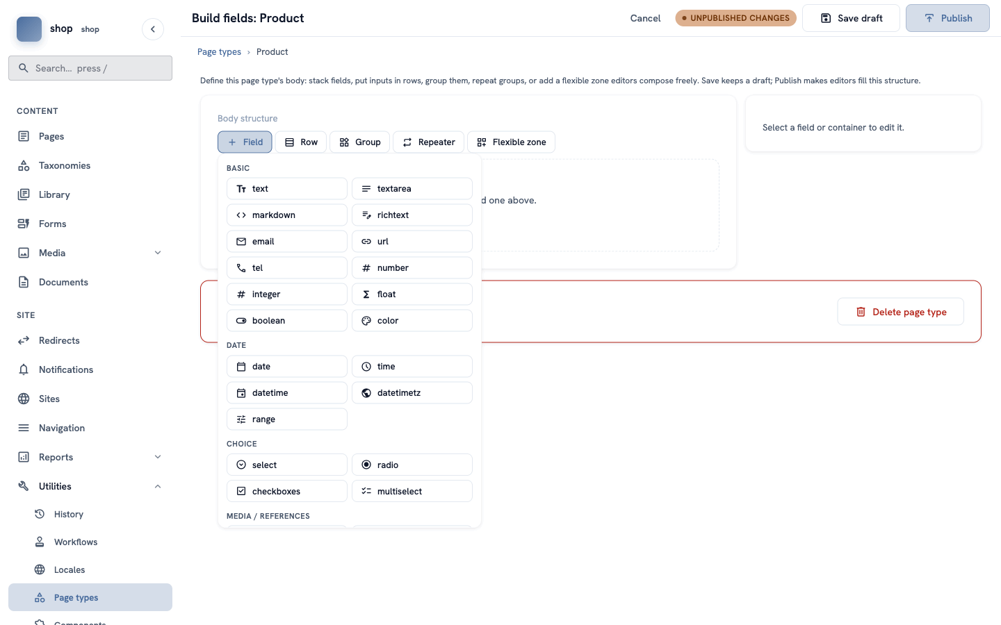 The field builder with the open widget list: text, textarea, markdown, richtext, email, url, number, date, select and more