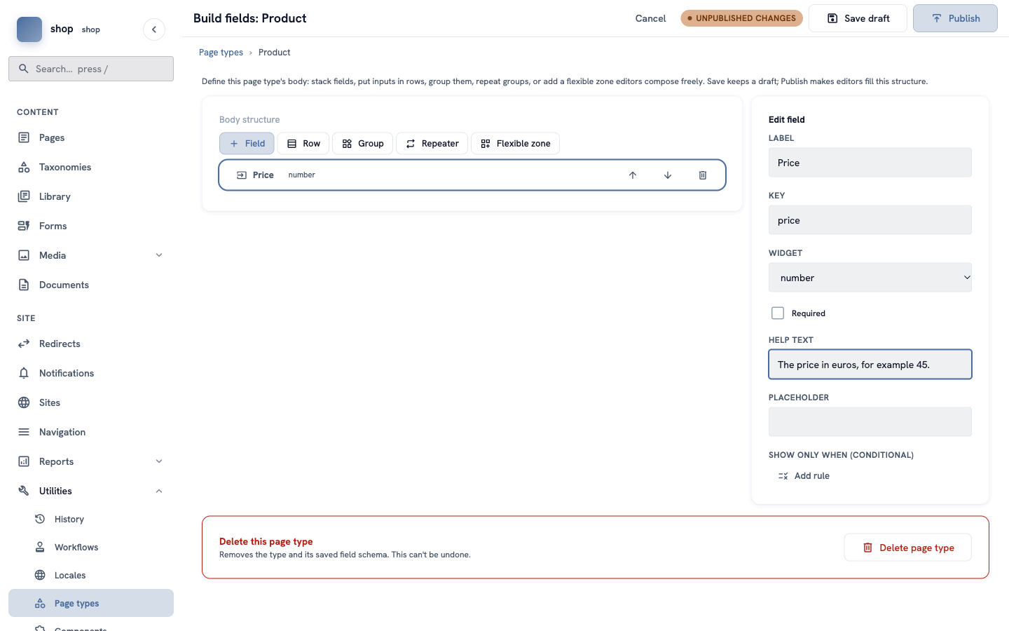 The field "Price" in the list. On the right: label "Price", key "price", widget "number" and the help text
