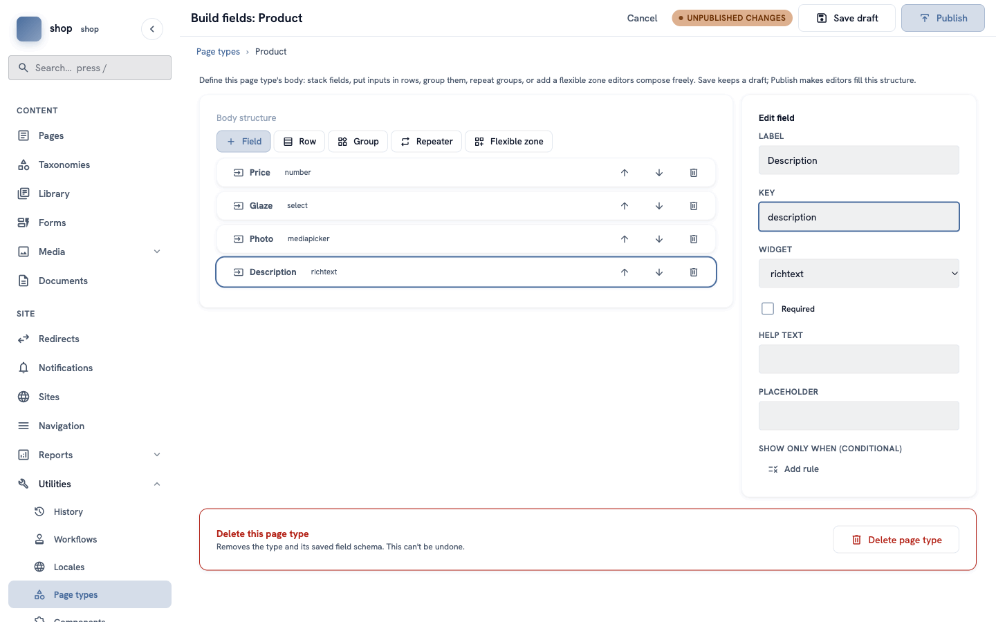 The four fields in order: Price (number), Glaze (select), Photo (mediapicker) and Description (richtext)