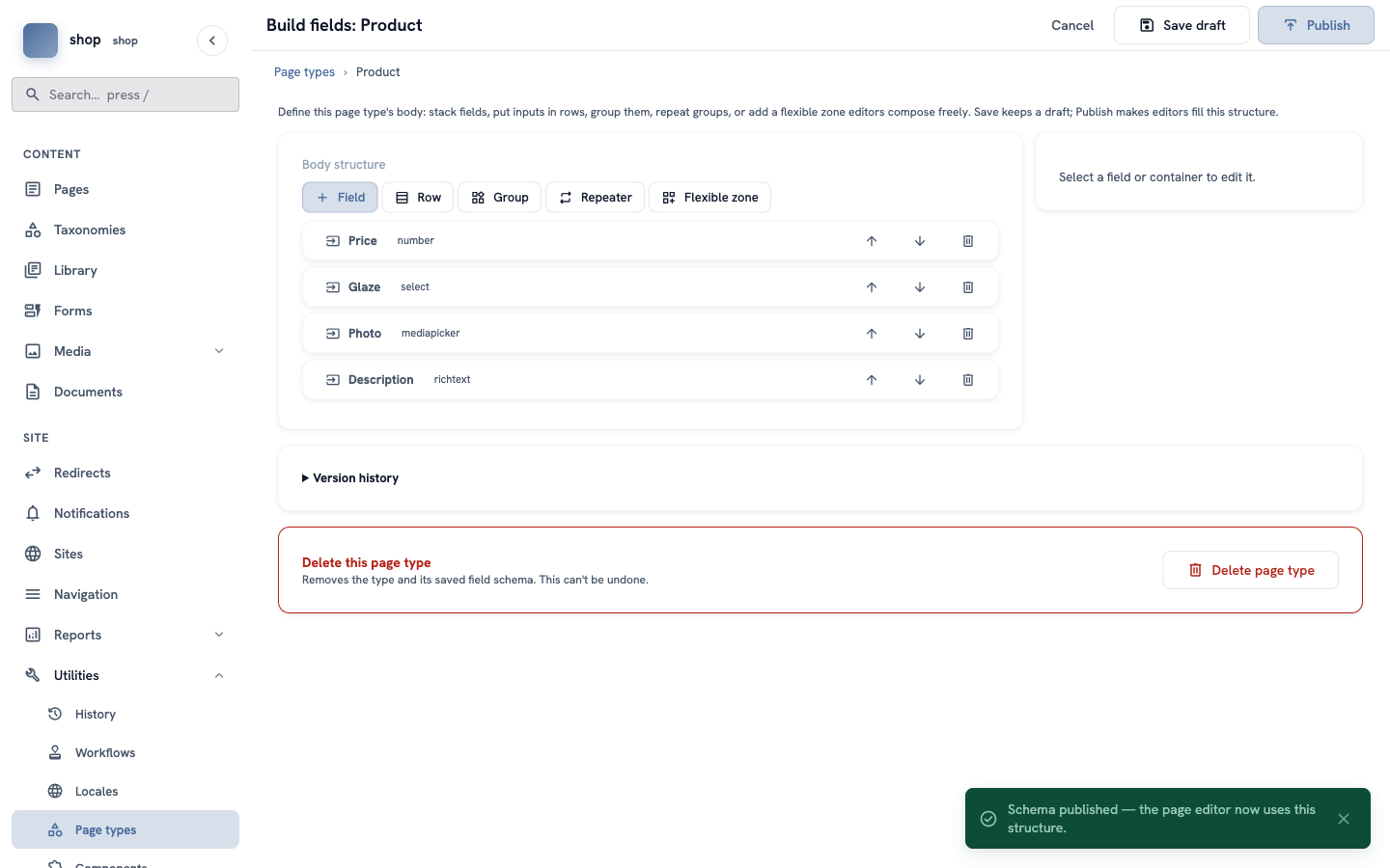 The field builder after publishing, with the green message "Schema published"