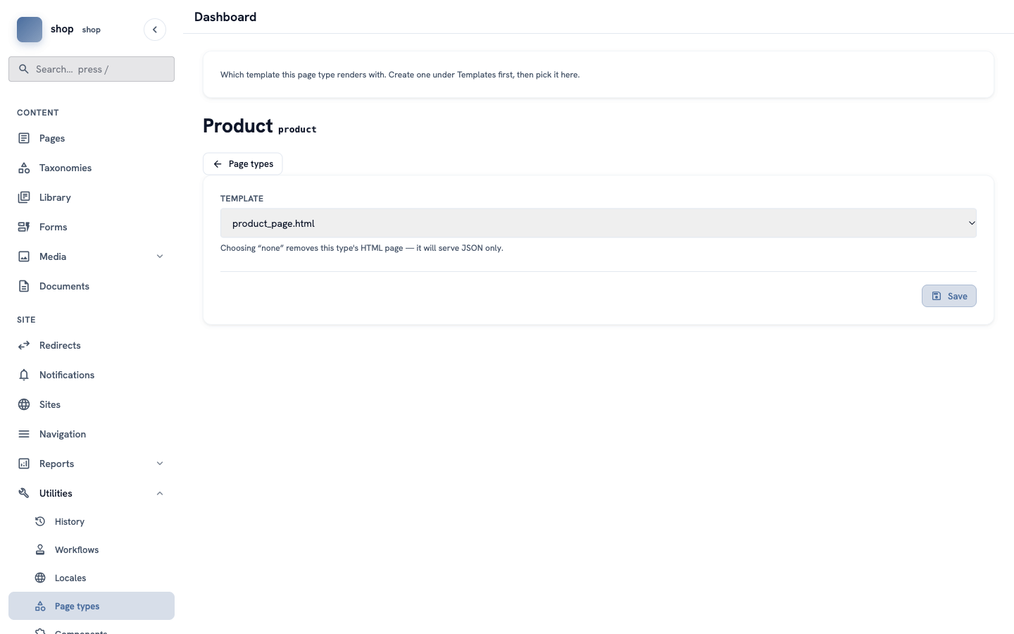 The template screen for the Product type, with "product_page.html" selected