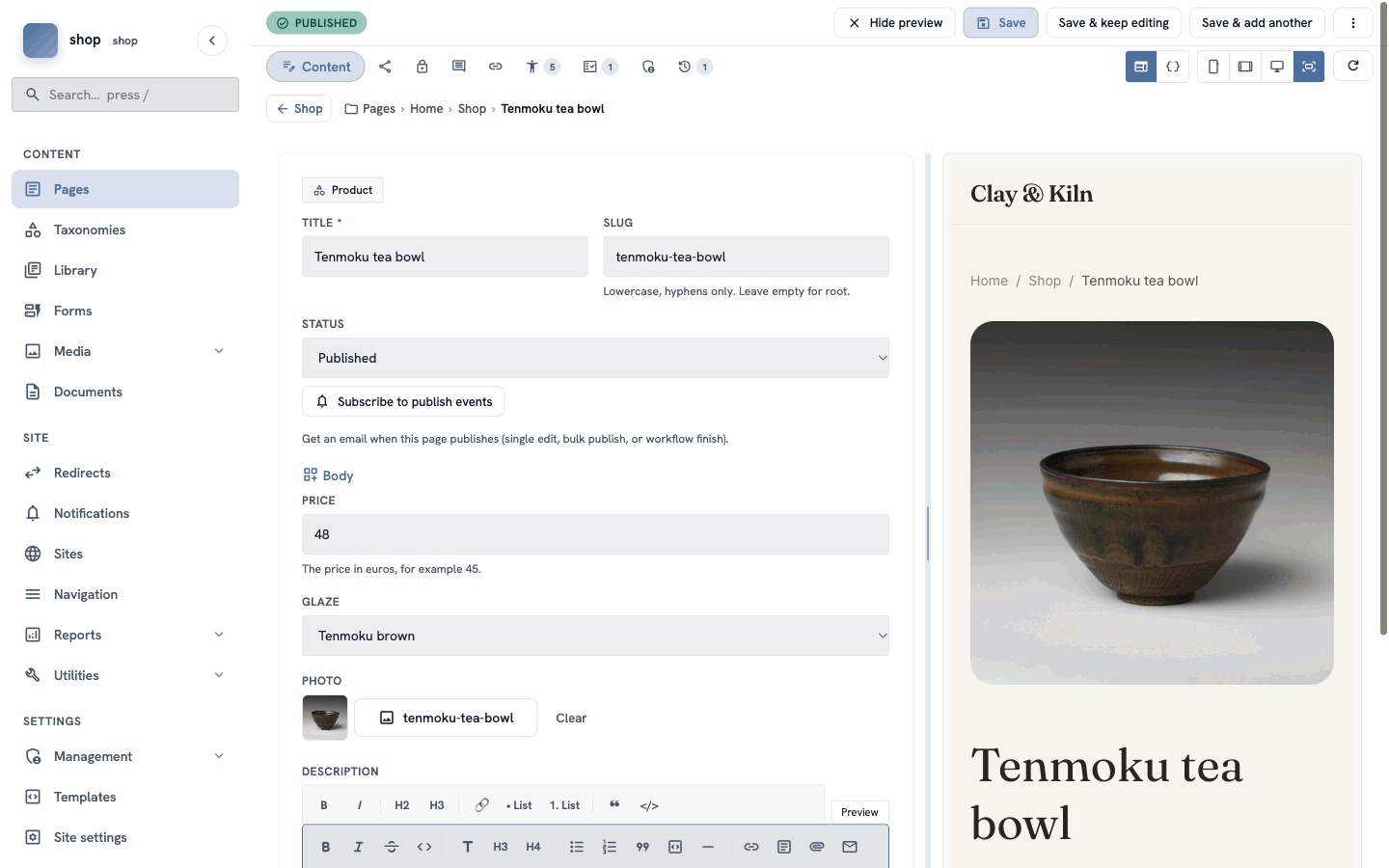 The editor of "Tenmoku tea bowl": price 48, glaze Tenmoku brown, the photo "tenmoku-tea-bowl" and the description. The preview shows the photo and the title