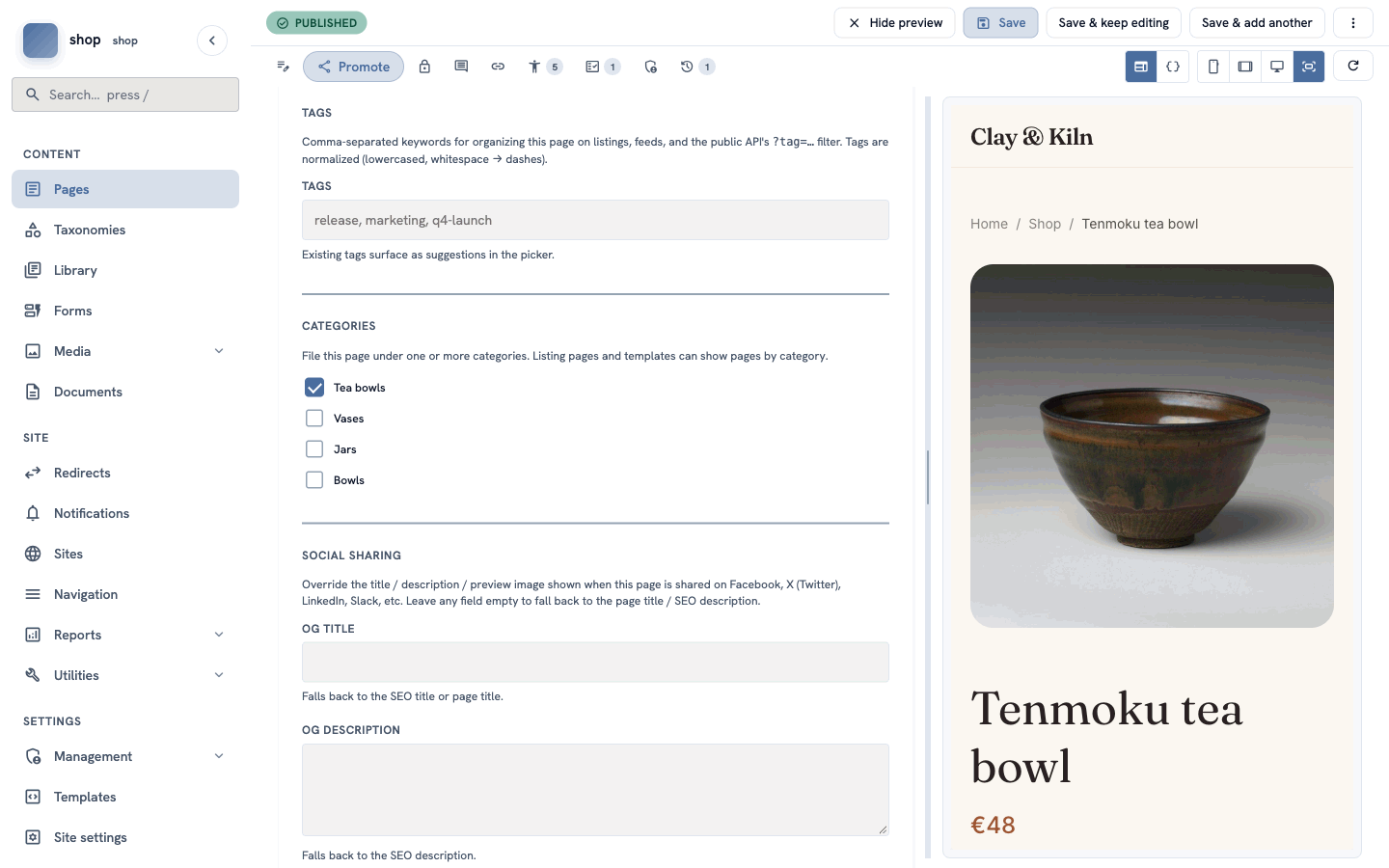 The Promote tab. Under Categories, "Tea bowls" is ticked. The preview shows the price €48
