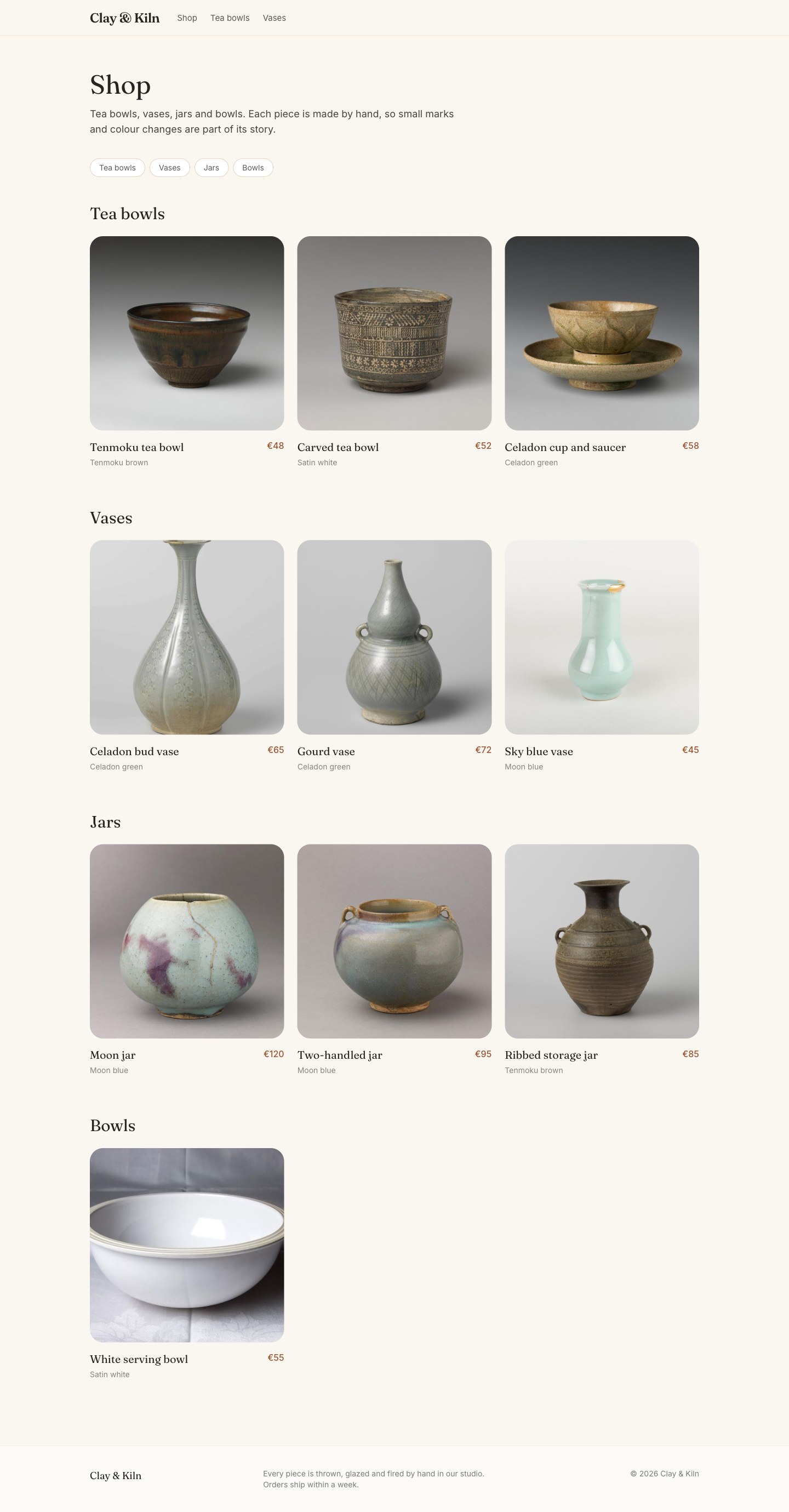 The shop page with ten products in four groups