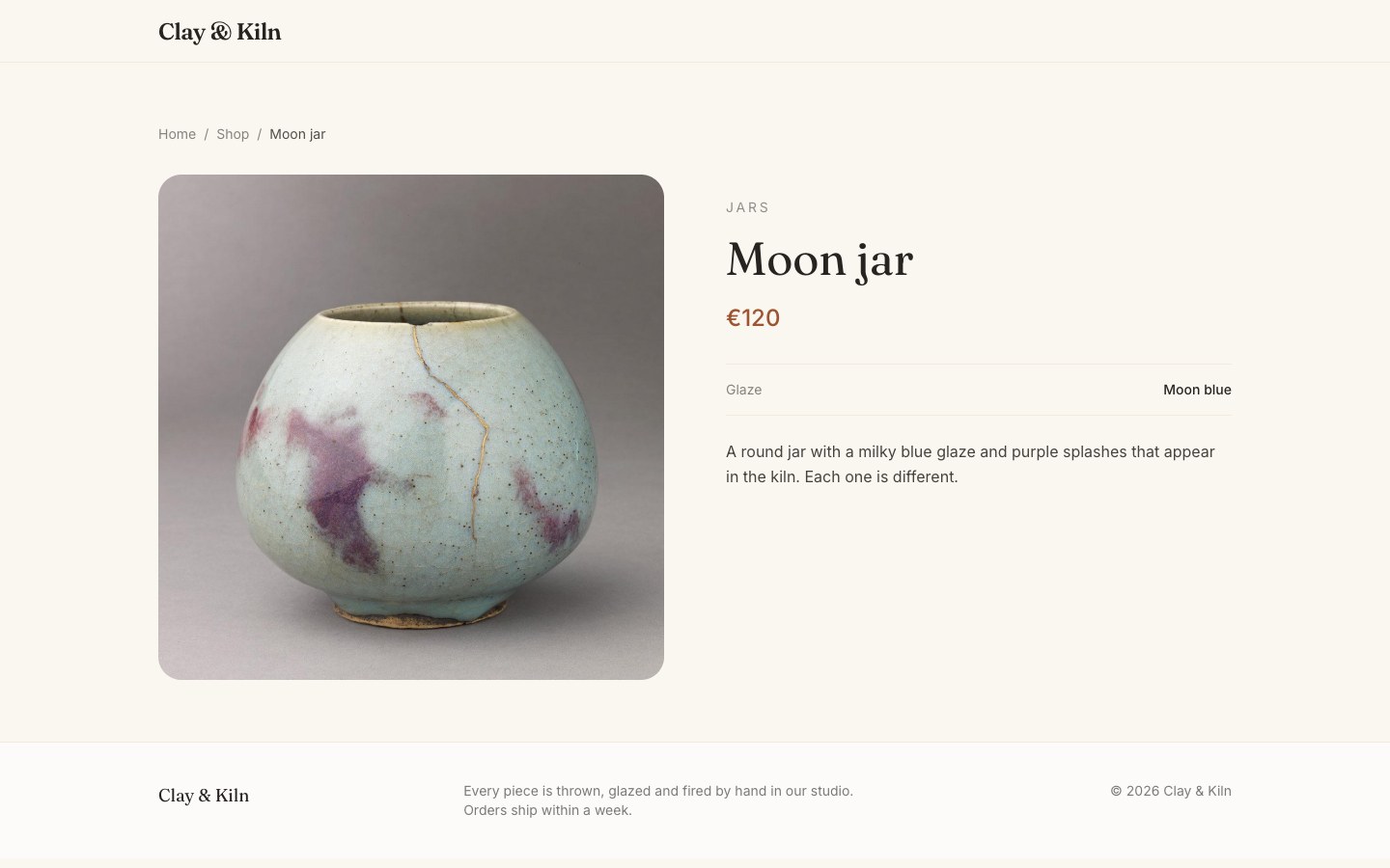 The product page "Moon jar": a big photo, the category JARS, the price €120, the glaze Moon blue and the description