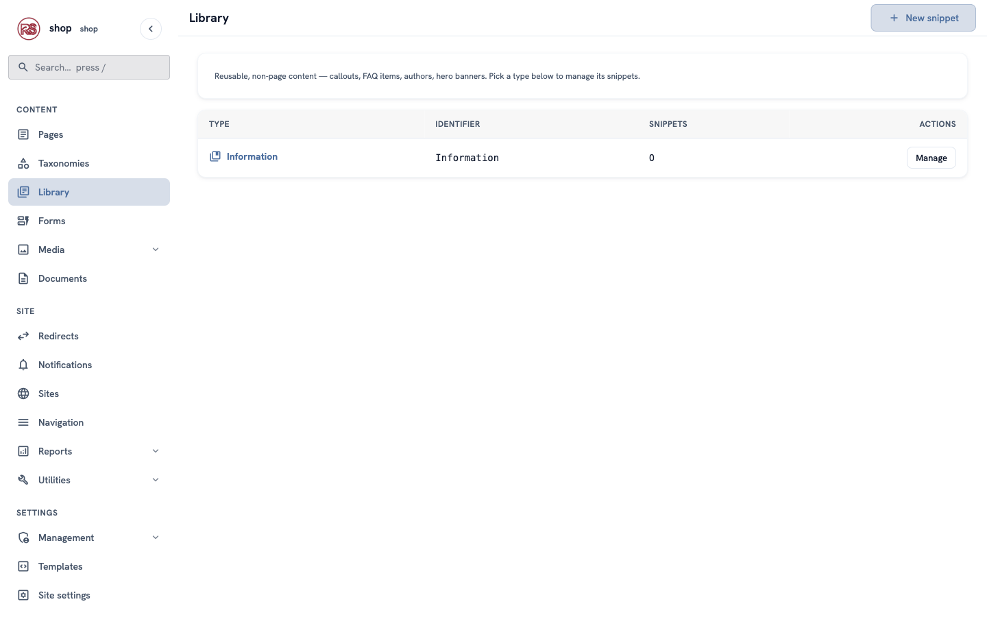 The Library screen with the type "Information" and 0 snippets