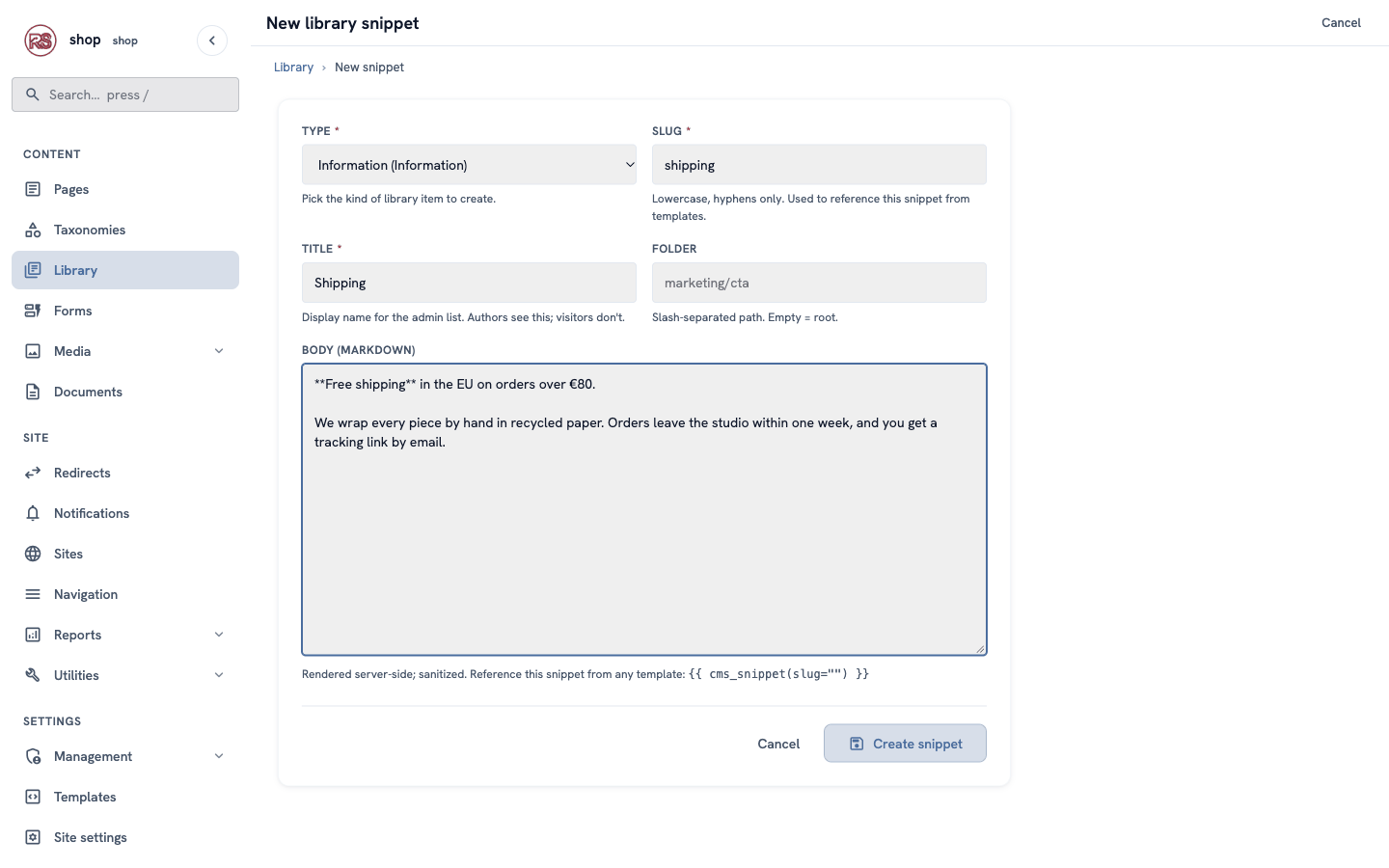 The new snippet form: type Information, slug "shipping", title "Shipping" and the shipping text