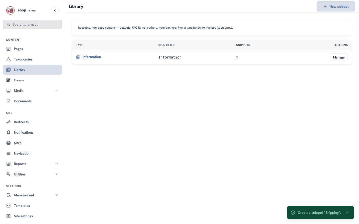 The Library with the green message "Created snippet Shipping" and 1 Information snippet