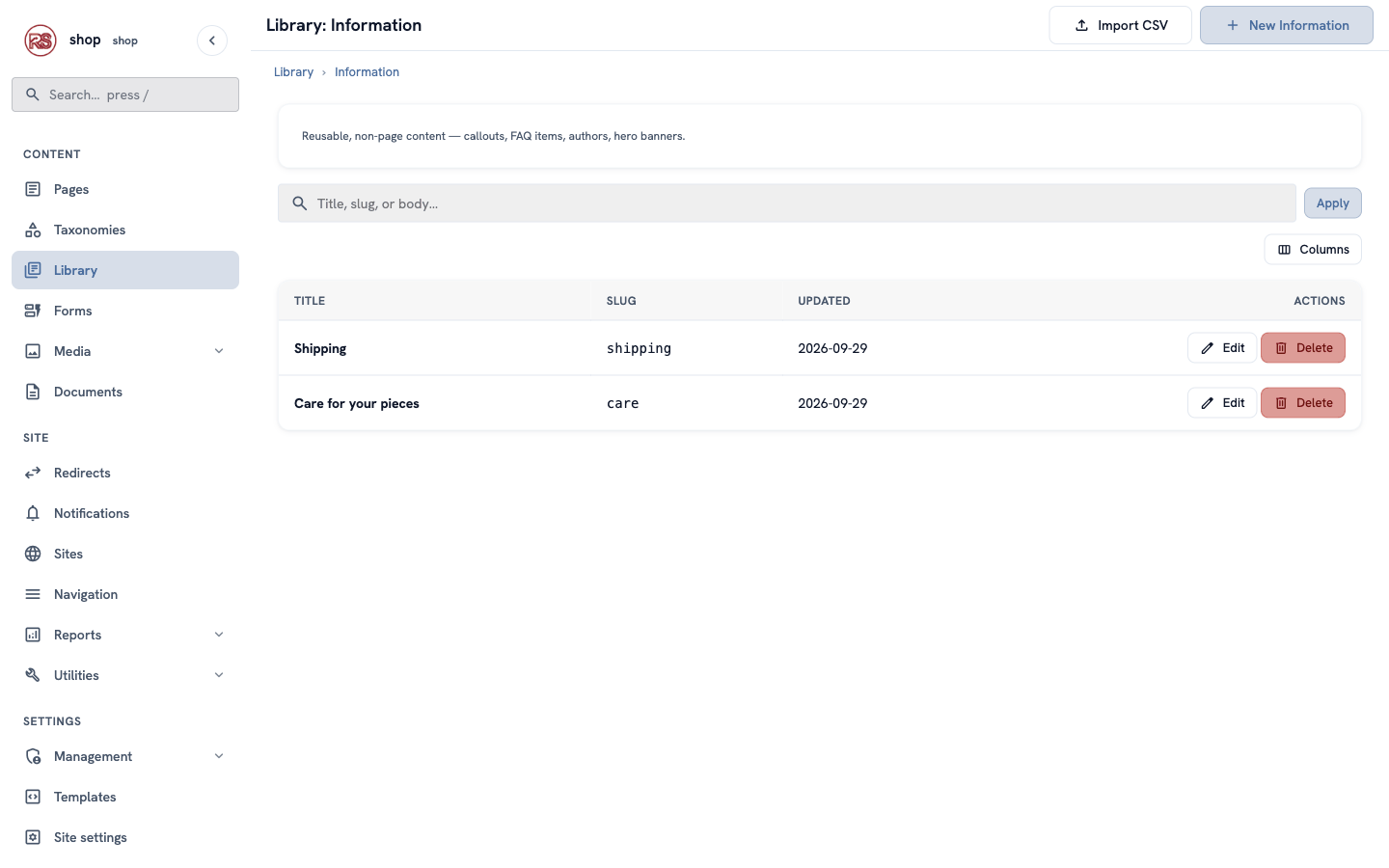 The Information list with two snippets: Shipping (shipping) and Care for your pieces (care)