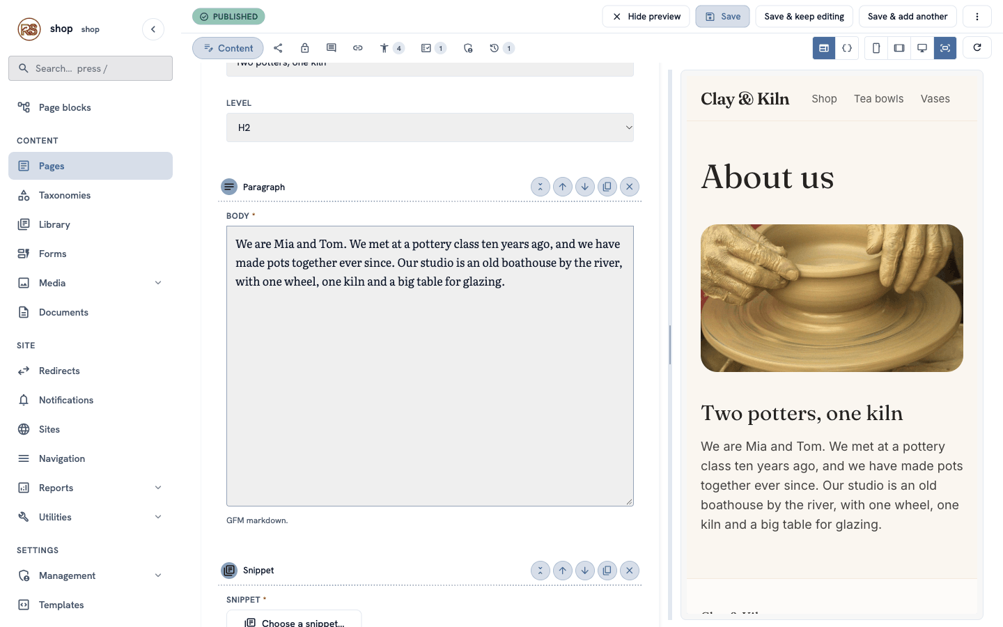 The About us editor with a Heading block, a Paragraph block and a new Snippet block. The preview shows the photo, the heading and the paragraph