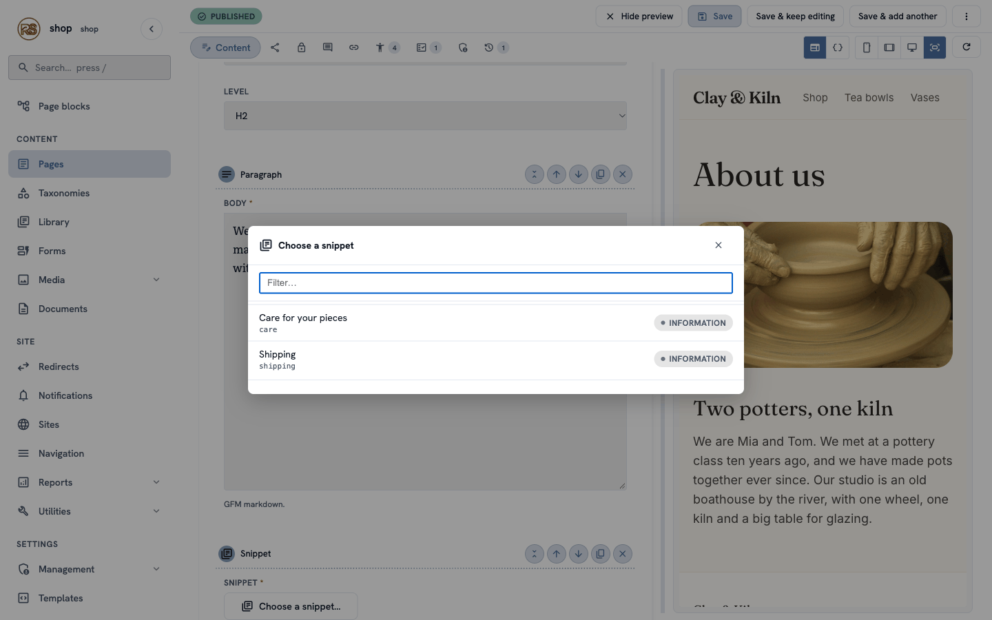 The "Choose a snippet" window with Care for your pieces and Shipping