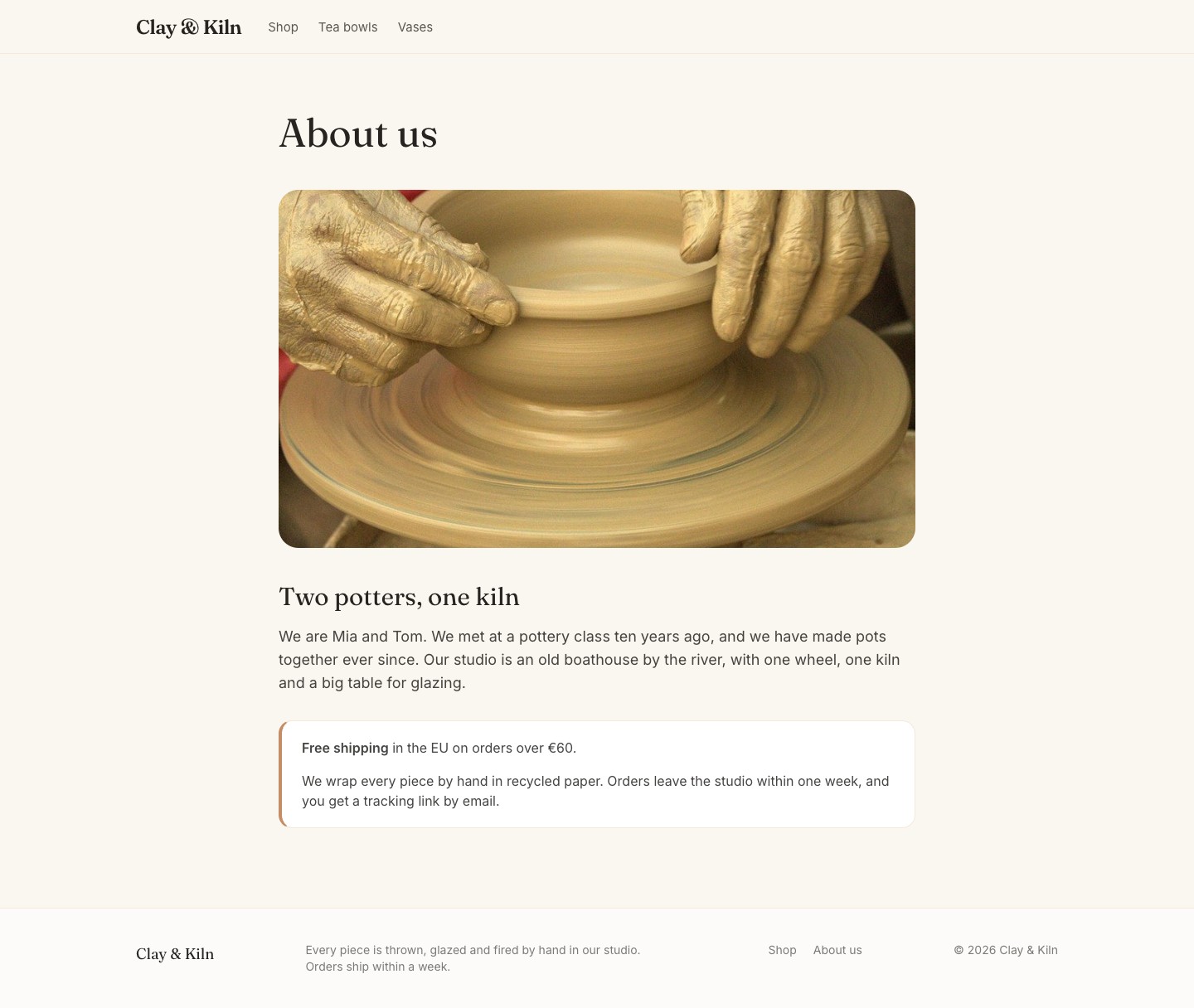 The "About us" page: a photo of hands on a potter's wheel, a short story, and the shipping information in a white box