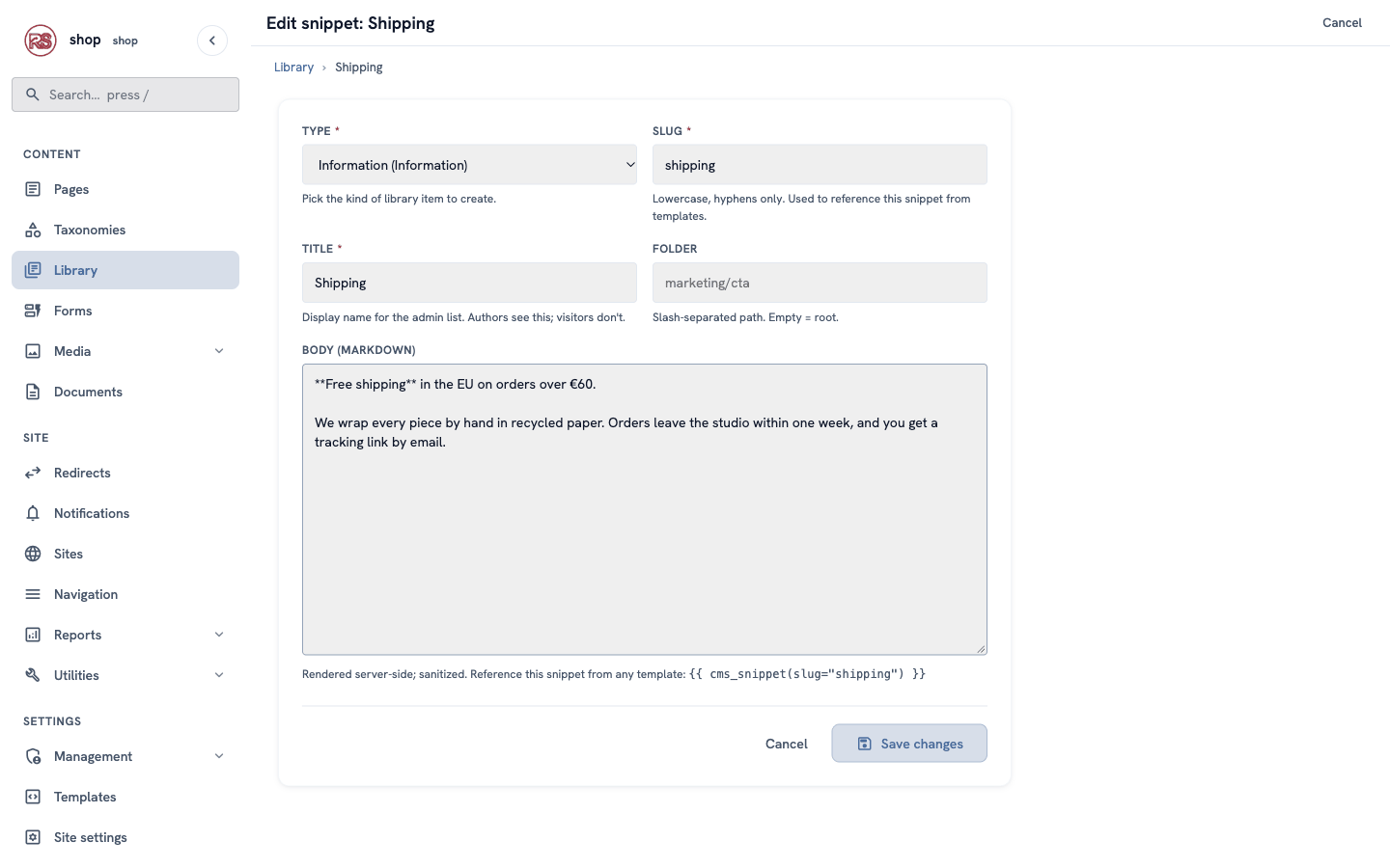 The Edit snippet: Shipping form with "orders over €60" in the body