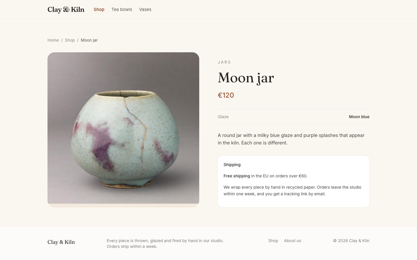 The Moon jar product page with the shipping box: "Free shipping in the EU on orders over €60"