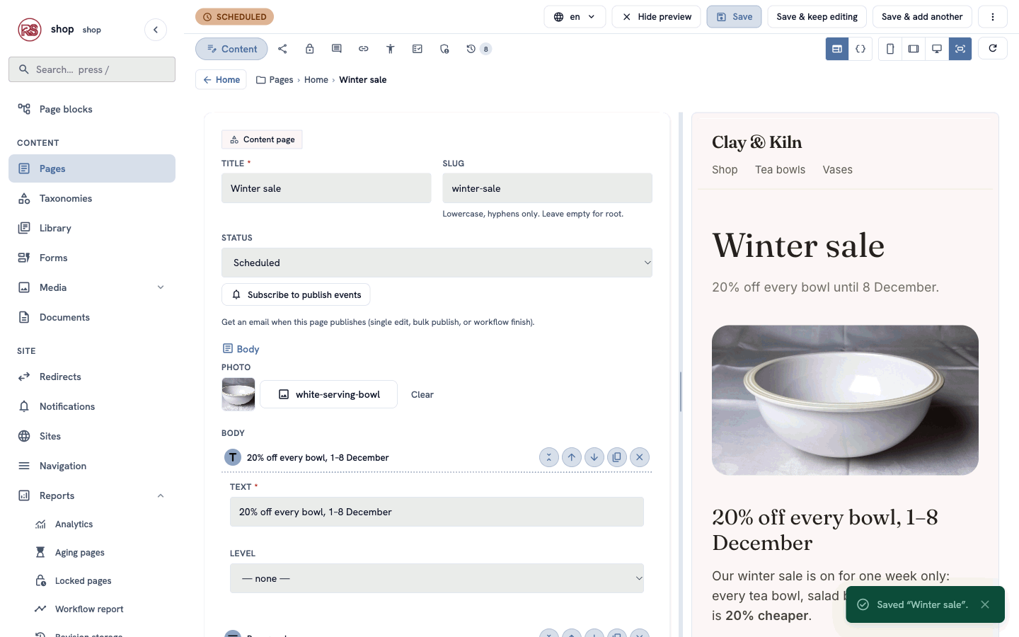The Winter sale editor: the photo, the heading block and the preview on the right