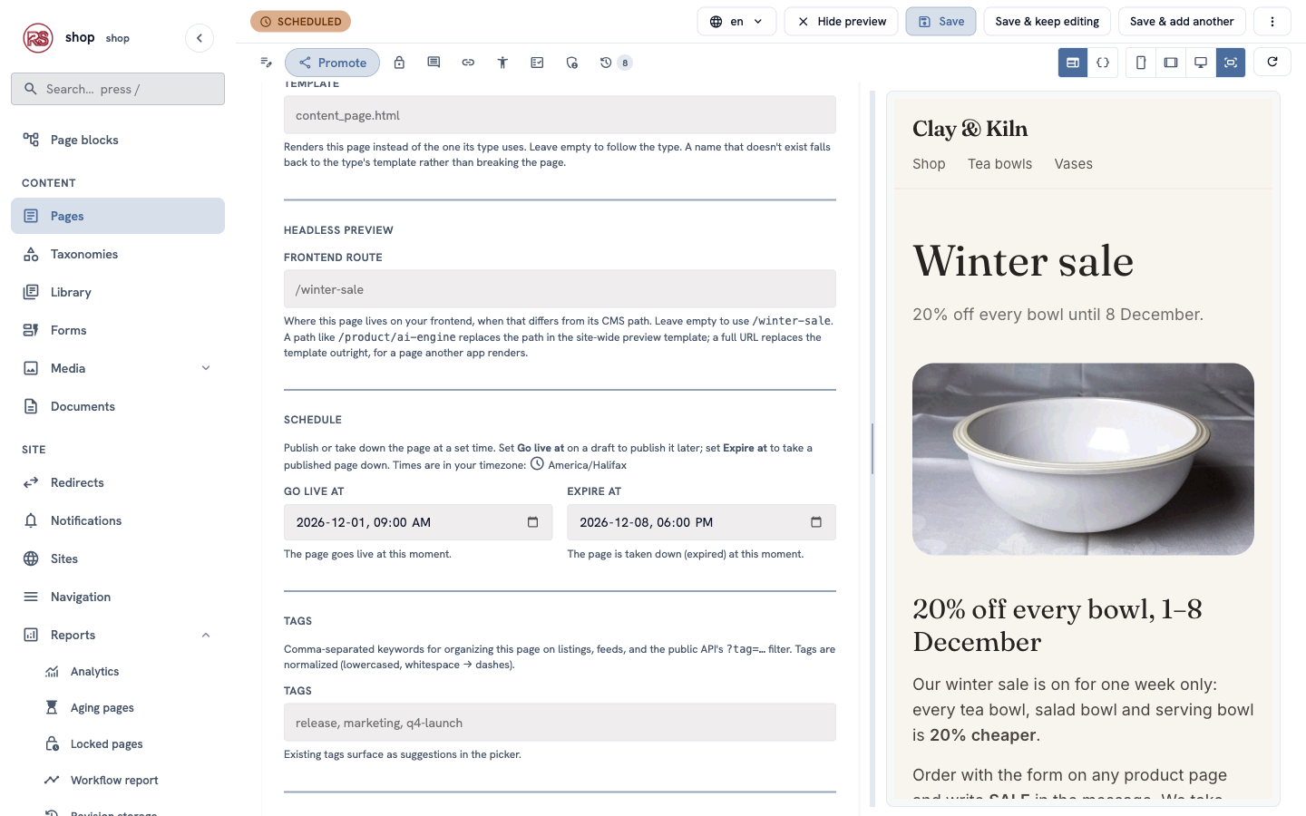 The Schedule section: Go live at 1 December 09:00, Expire at 8 December 18:00, and the note "Times are in your timezone"