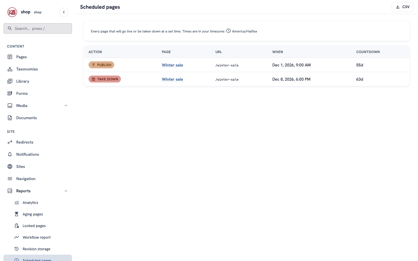 Scheduled pages: Publish Winter sale on 1 December 9:00 AM, and Take down Winter sale on 8 December 6:00 PM