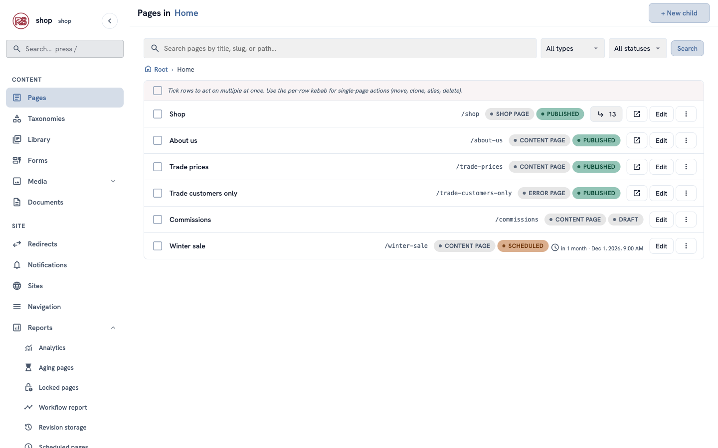 Pages in Home: Winter sale with the Scheduled tag and its go-live time