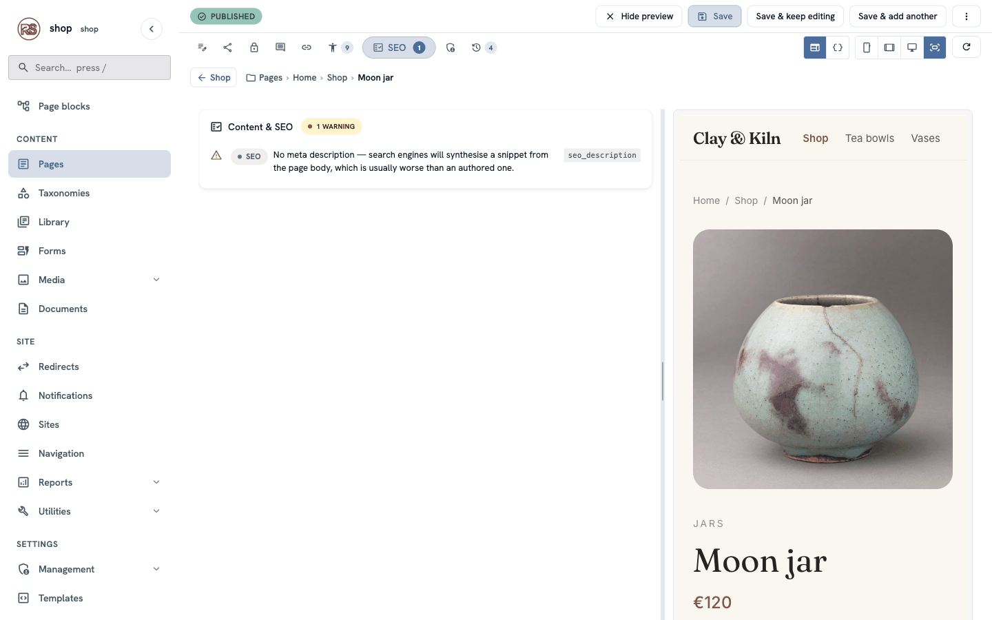 The SEO tab of Moon jar: one warning — "No meta description"