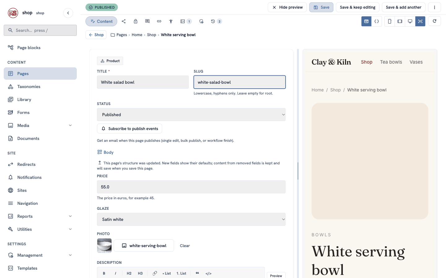 The editor with the title "White salad bowl" and the slug "white-salad-bowl"