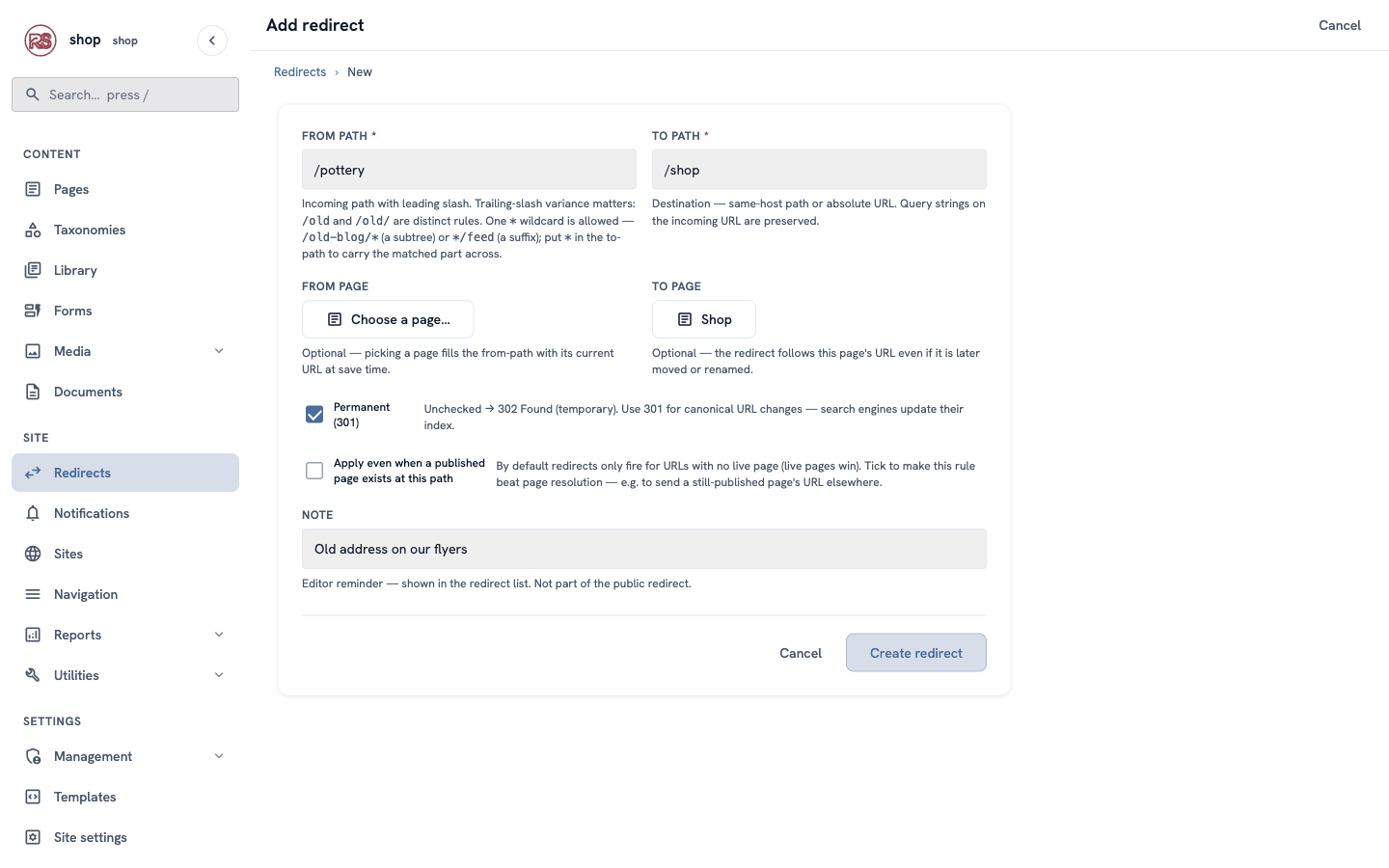 The Add redirect form: from /pottery to the page Shop, permanent, with a note