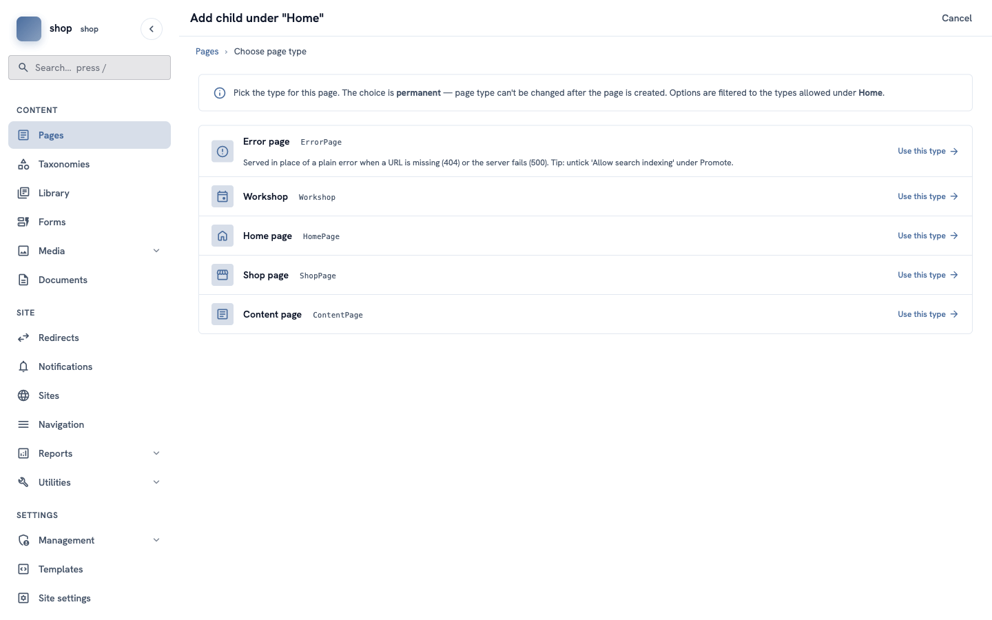 The screen "Add child under Home" with the list of page types, including Shop page