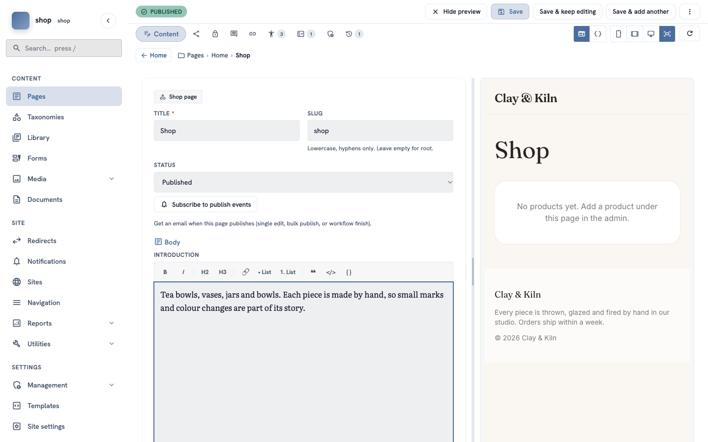 The editor of the Shop page with the introduction text. The preview shows the heading "Shop" and "No products yet"
