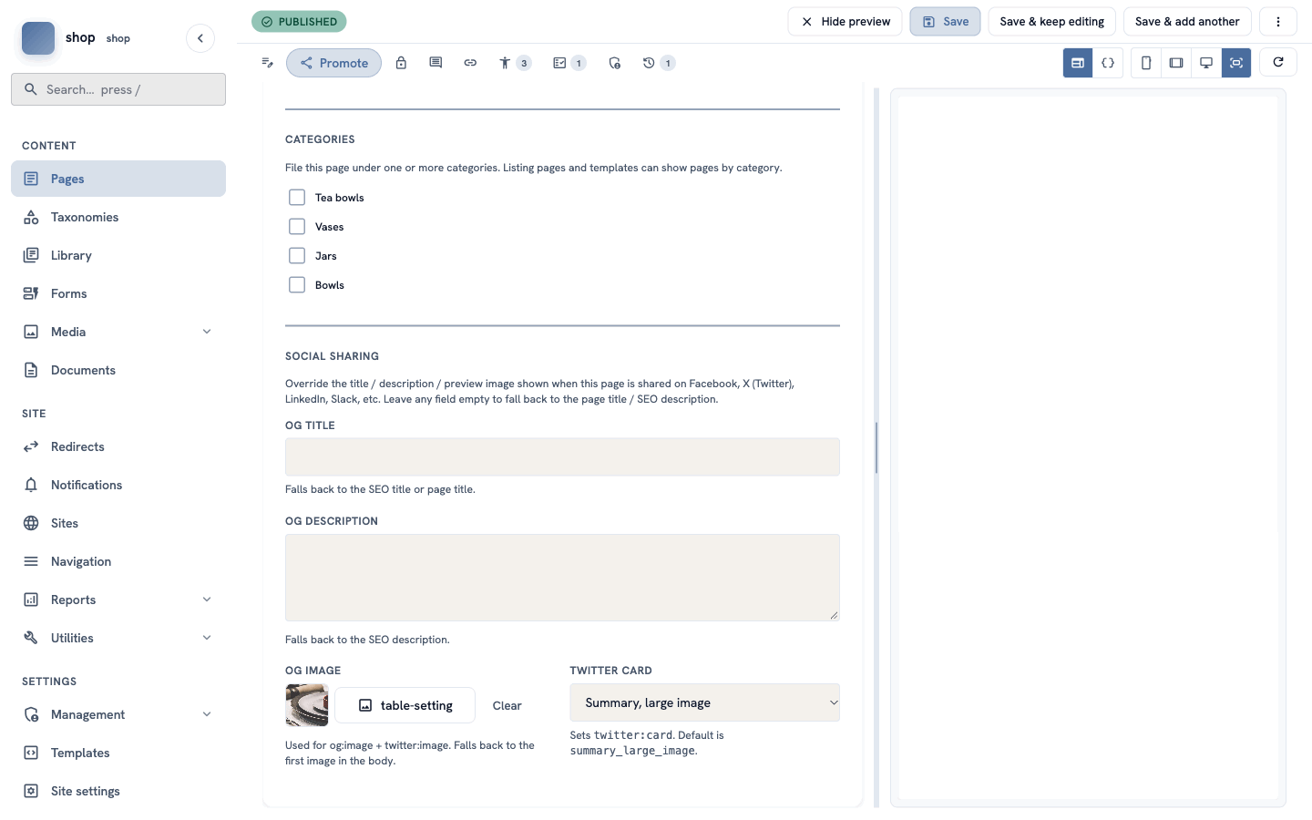 The Promote tab with the Categories list and the Social sharing part. The OG image is "table-setting"