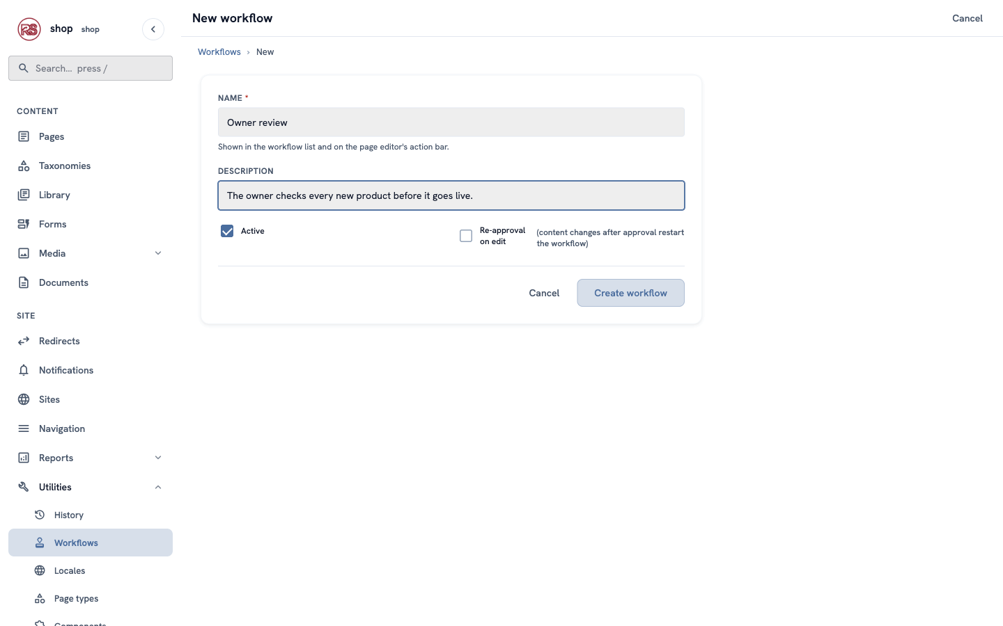 The New workflow form: name Owner review, a description, Active ticked