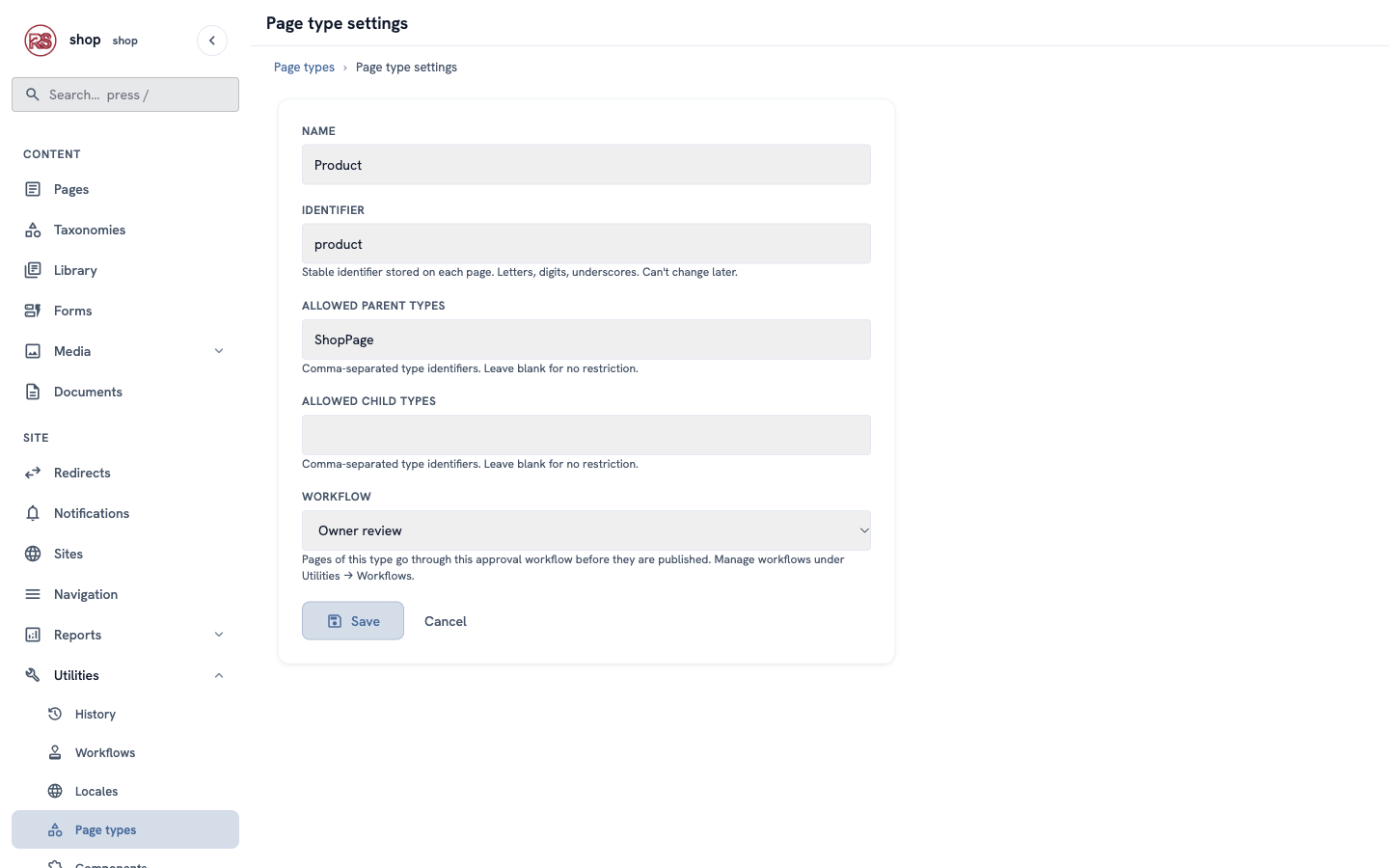 The Page type settings of Product: the Workflow field set to Owner review