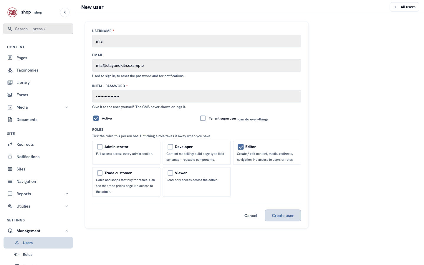 The New user form for mia, with the Editor role ticked
