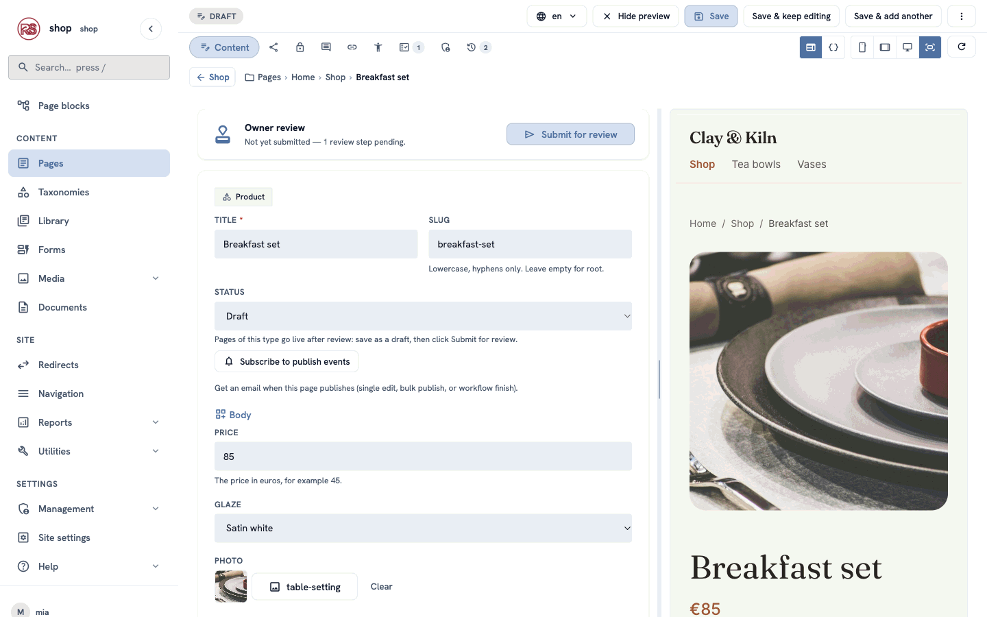 Mia's editor: the Owner review bar with Submit for review, the product fields and the preview